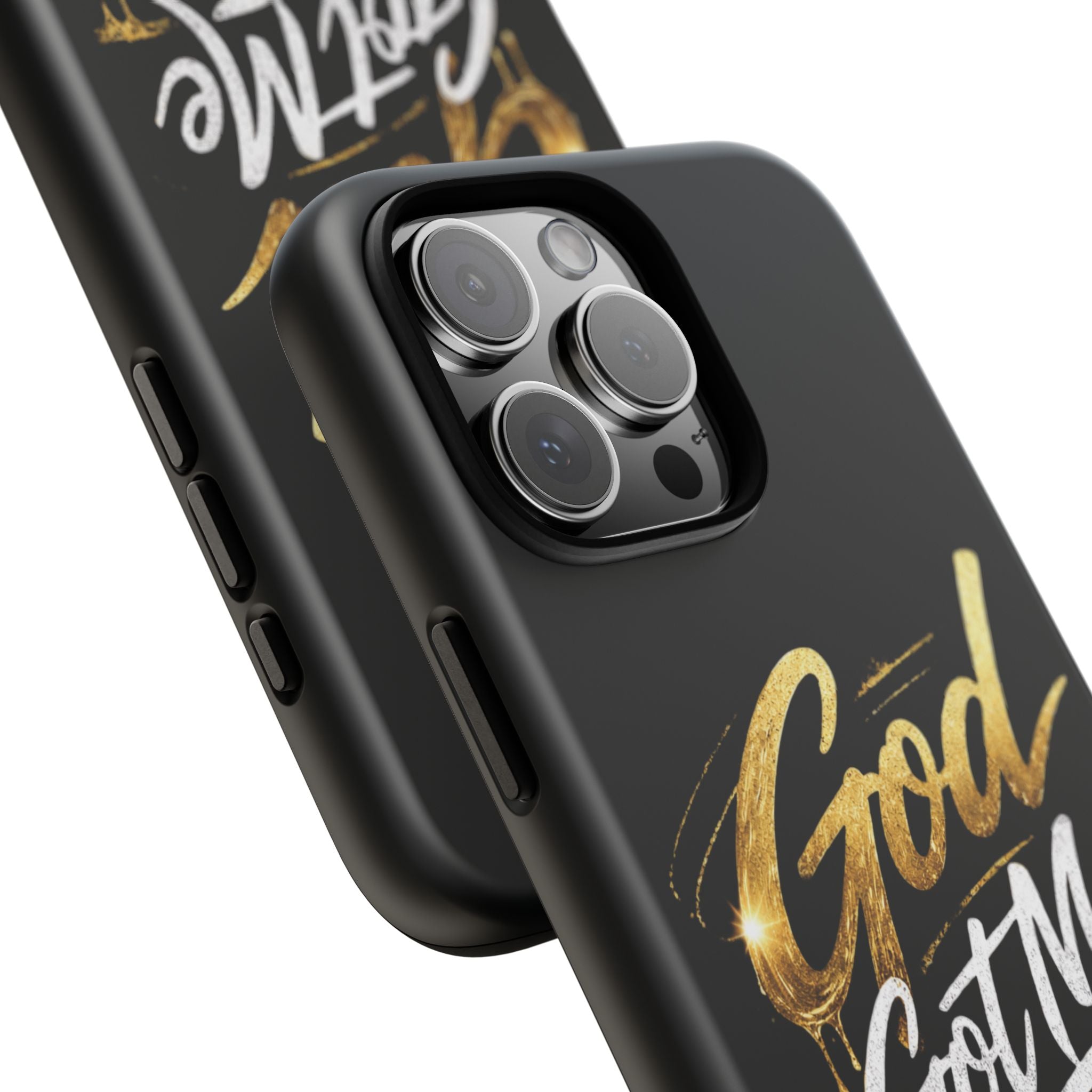God Got Me phone case | Script gold drip typography on black