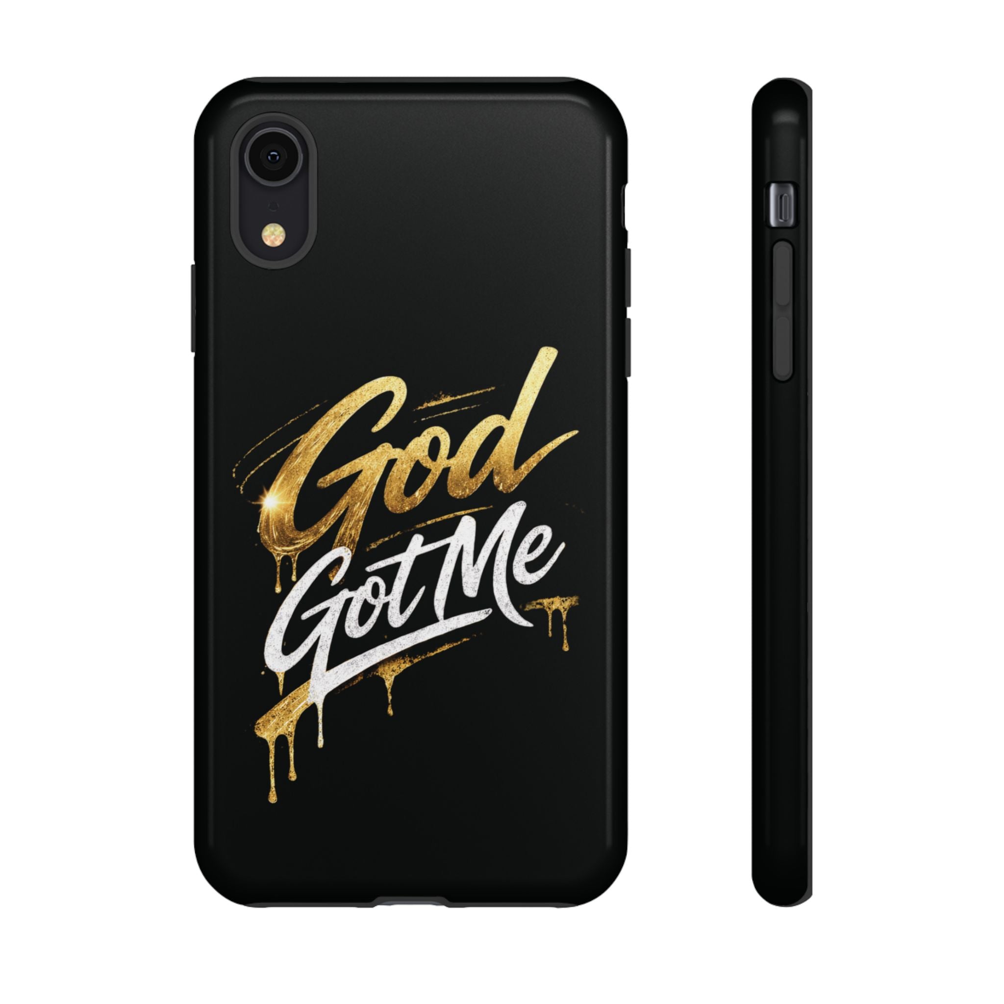 God Got Me phone case | Script gold drip typography on black