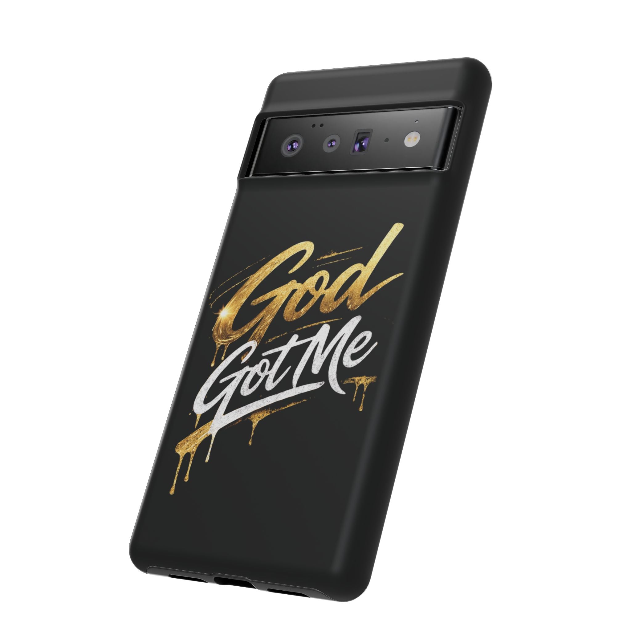 God Got Me phone case | Script gold drip typography on black