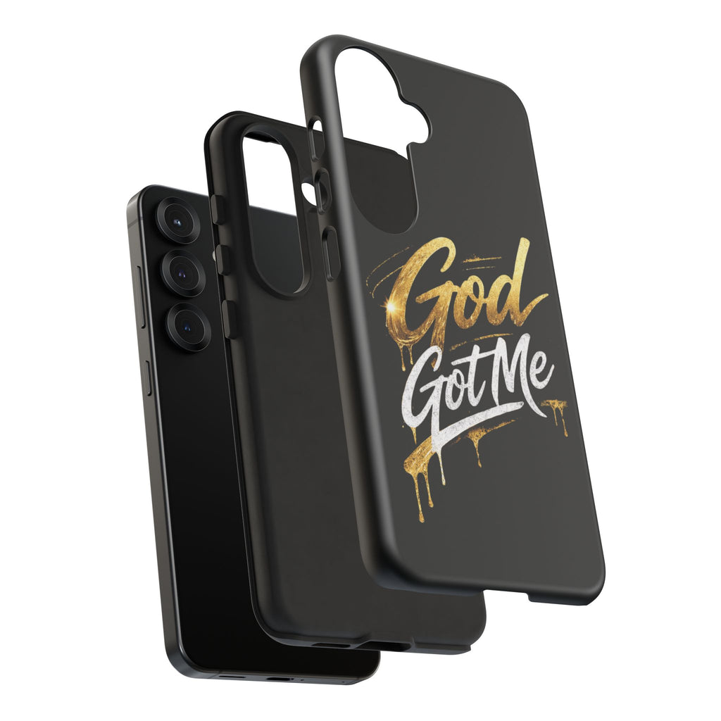 God Got Me phone case | Script gold drip typography on black