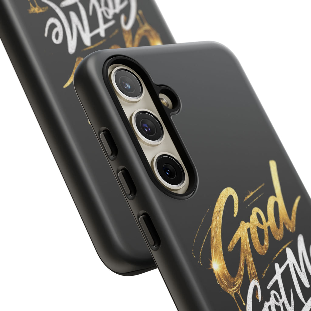 God Got Me phone case | Script gold drip typography on black