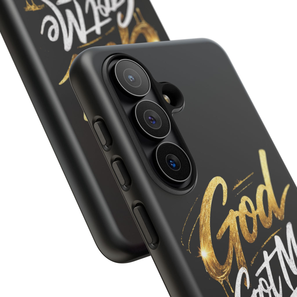 God Got Me phone case | Script gold drip typography on black