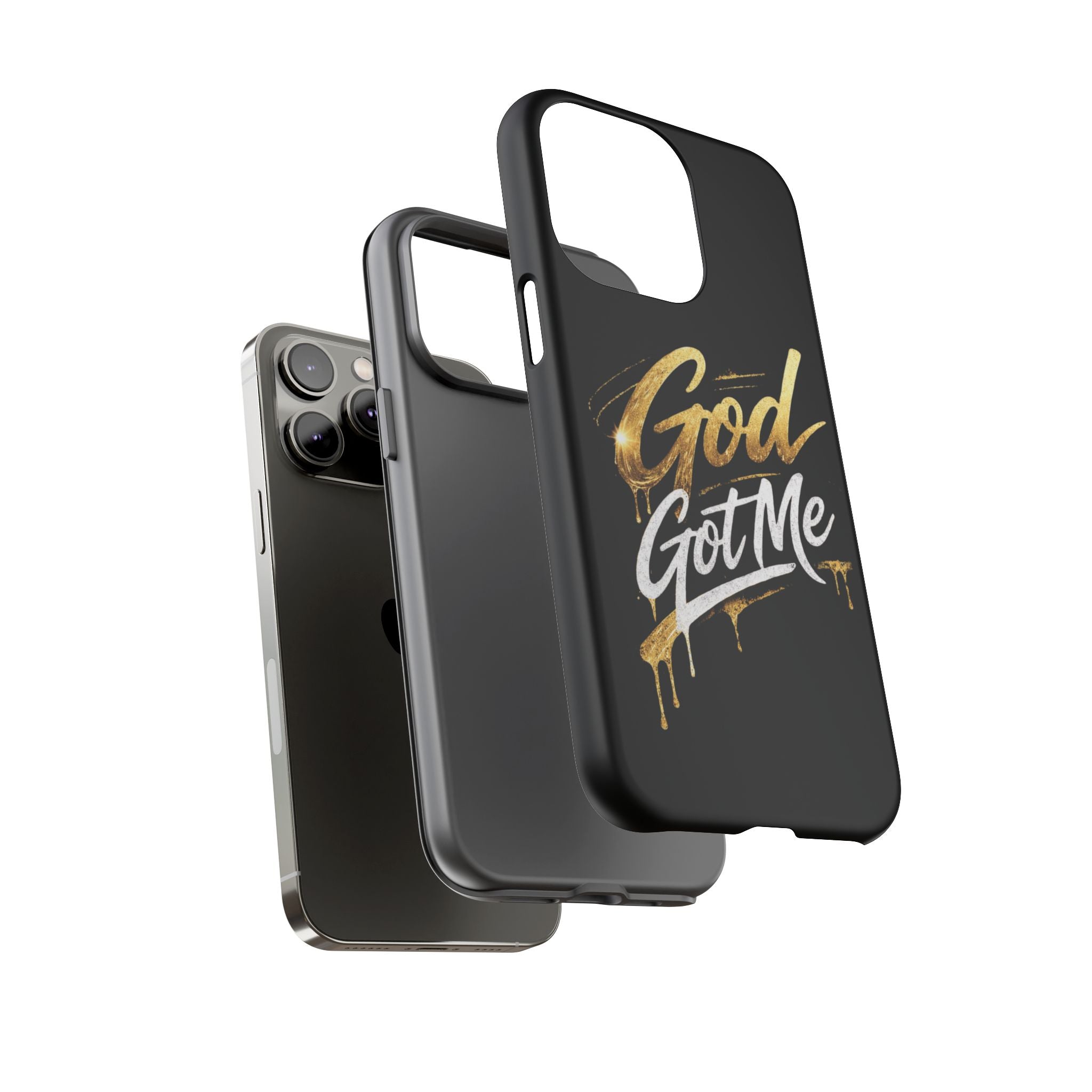 God Got Me phone case | Script gold drip typography on black