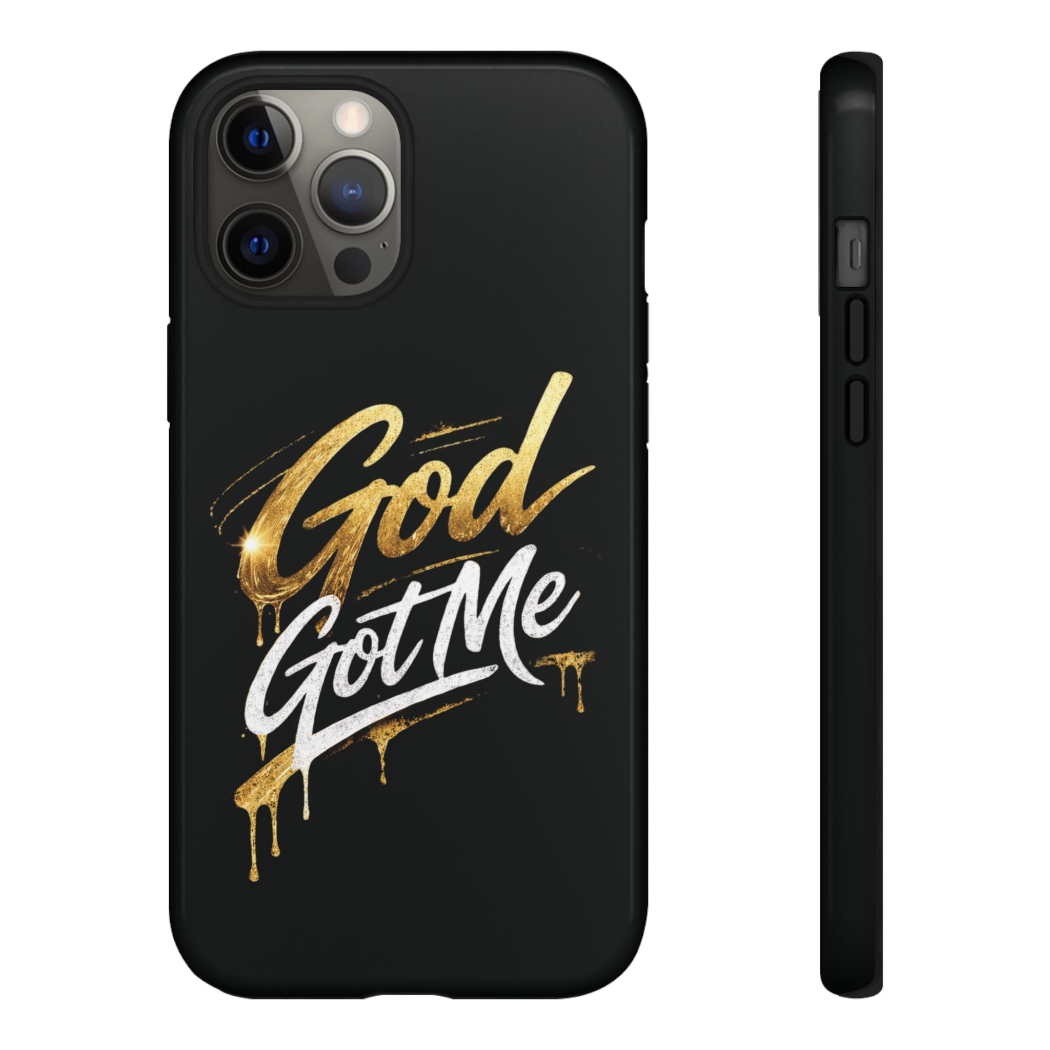 God Got Me phone case | Script gold drip typography on black