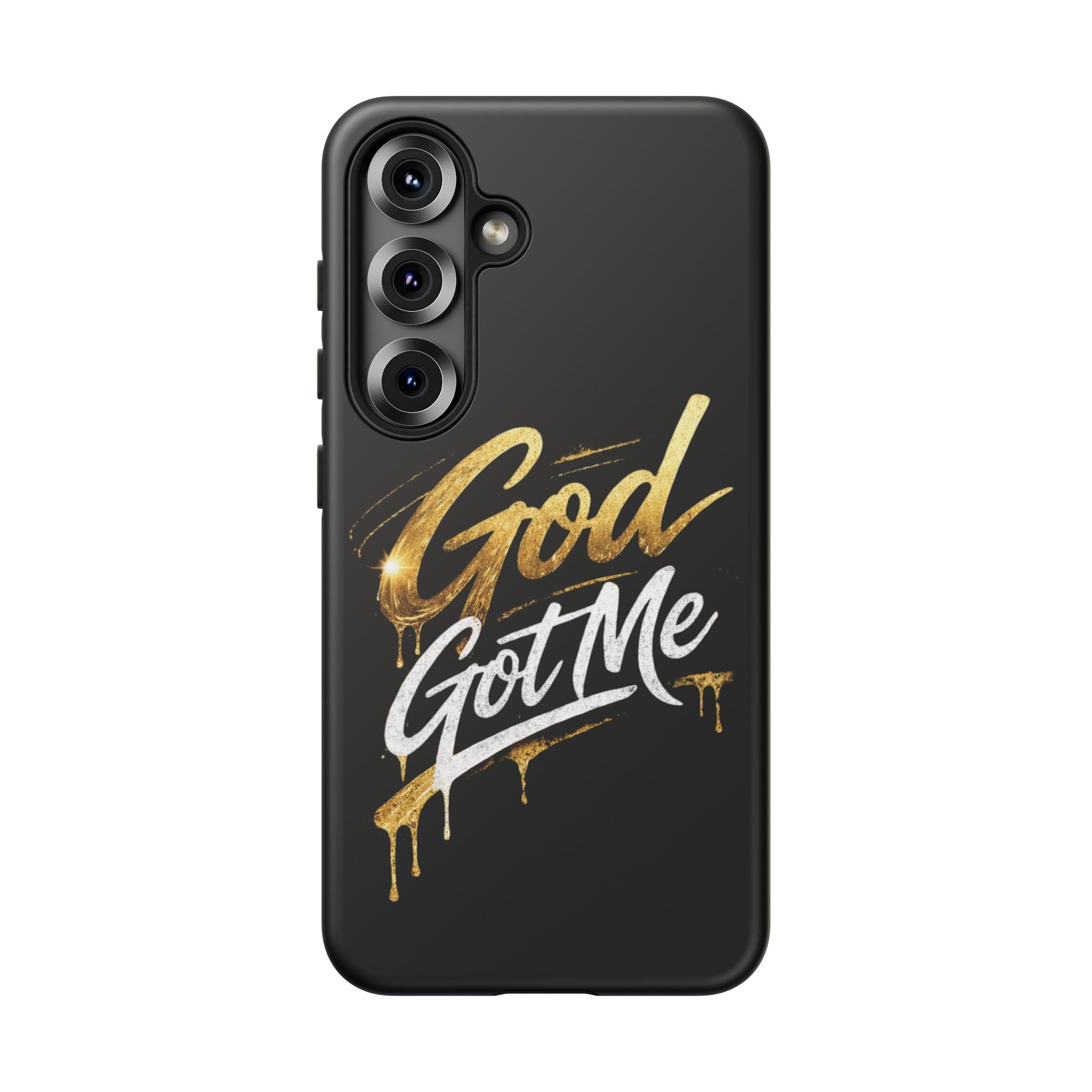 God Got Me phone case | Script gold drip typography on black