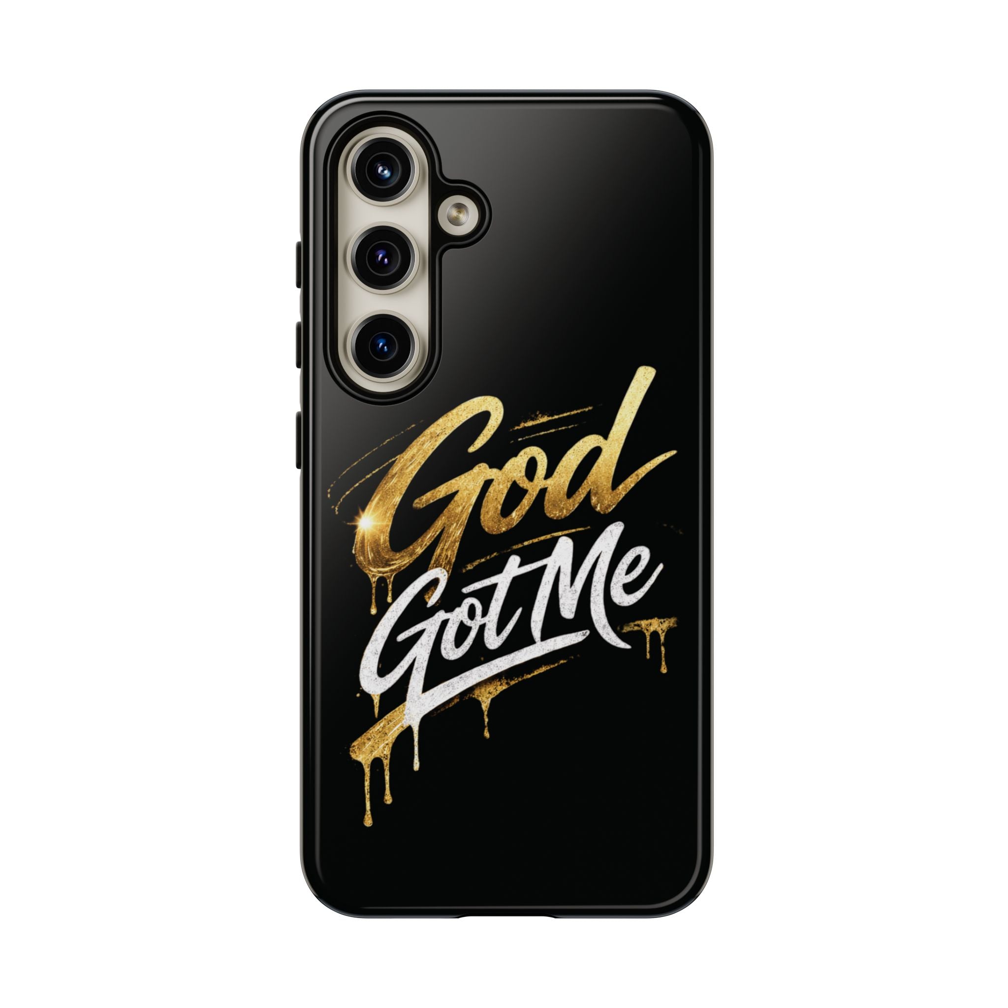 God Got Me phone case | Script gold drip typography on black