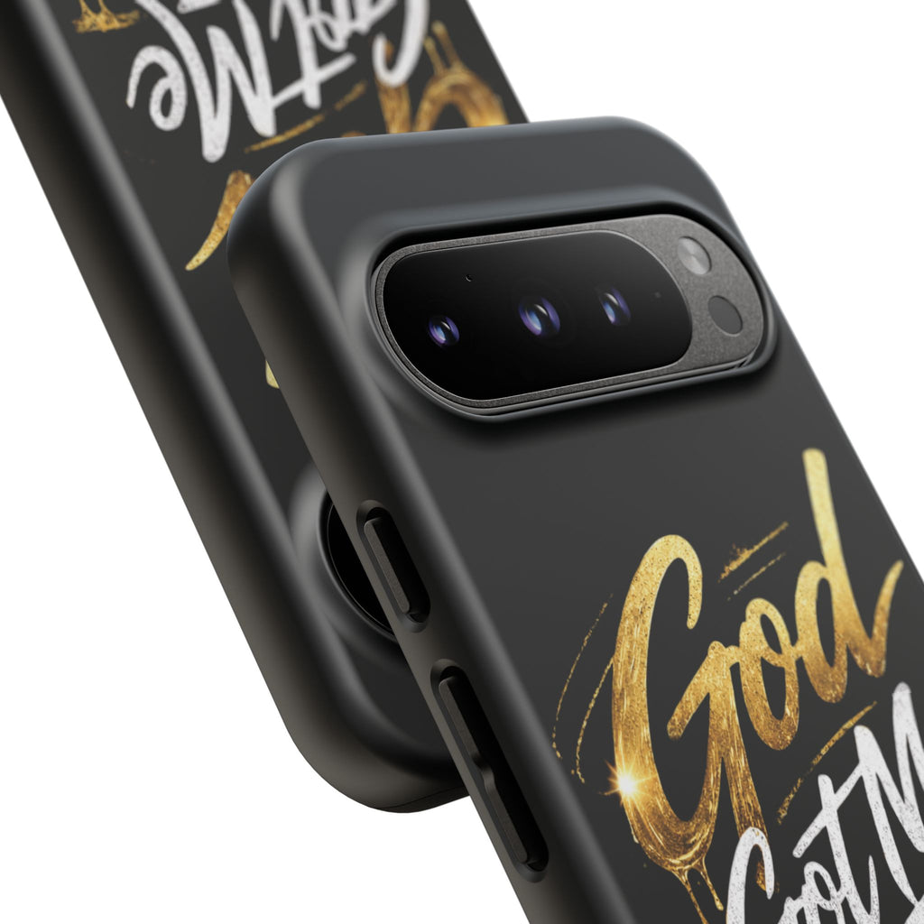 God Got Me phone case | Script gold drip typography on black