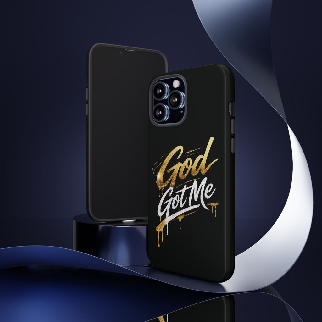 God Got Me phone case | Script gold drip typography on black