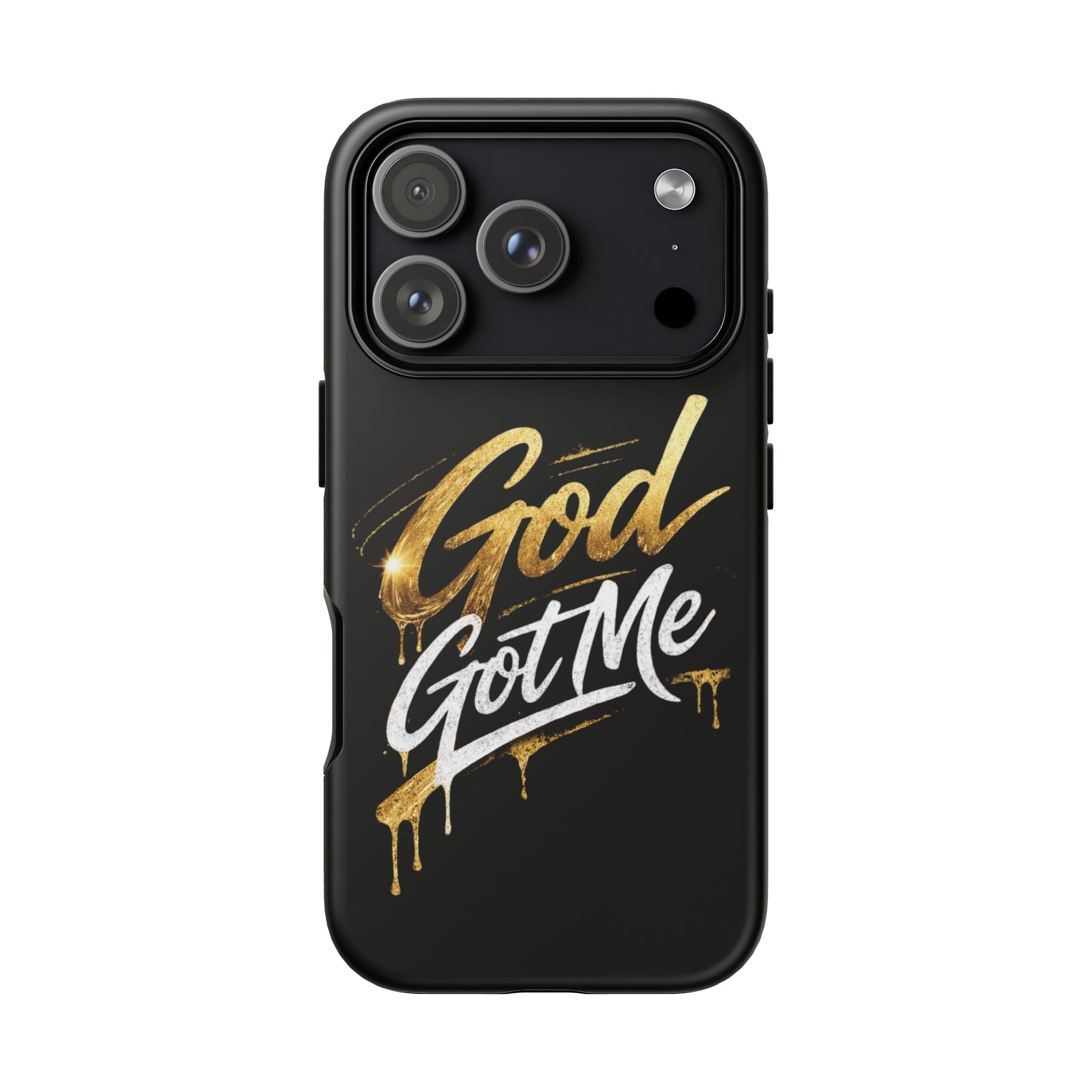 God Got Me phone case | Script gold drip typography on black