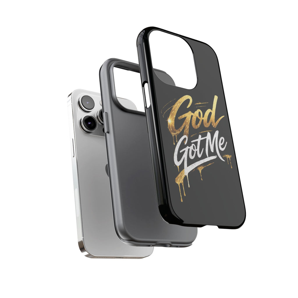 God Got Me phone case | Script gold drip typography on black