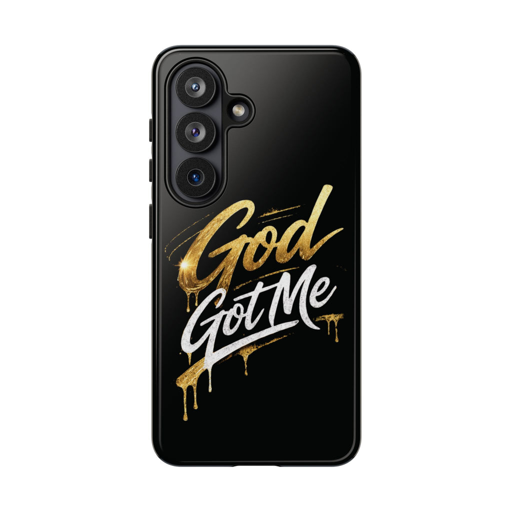God Got Me phone case | Script gold drip typography on black