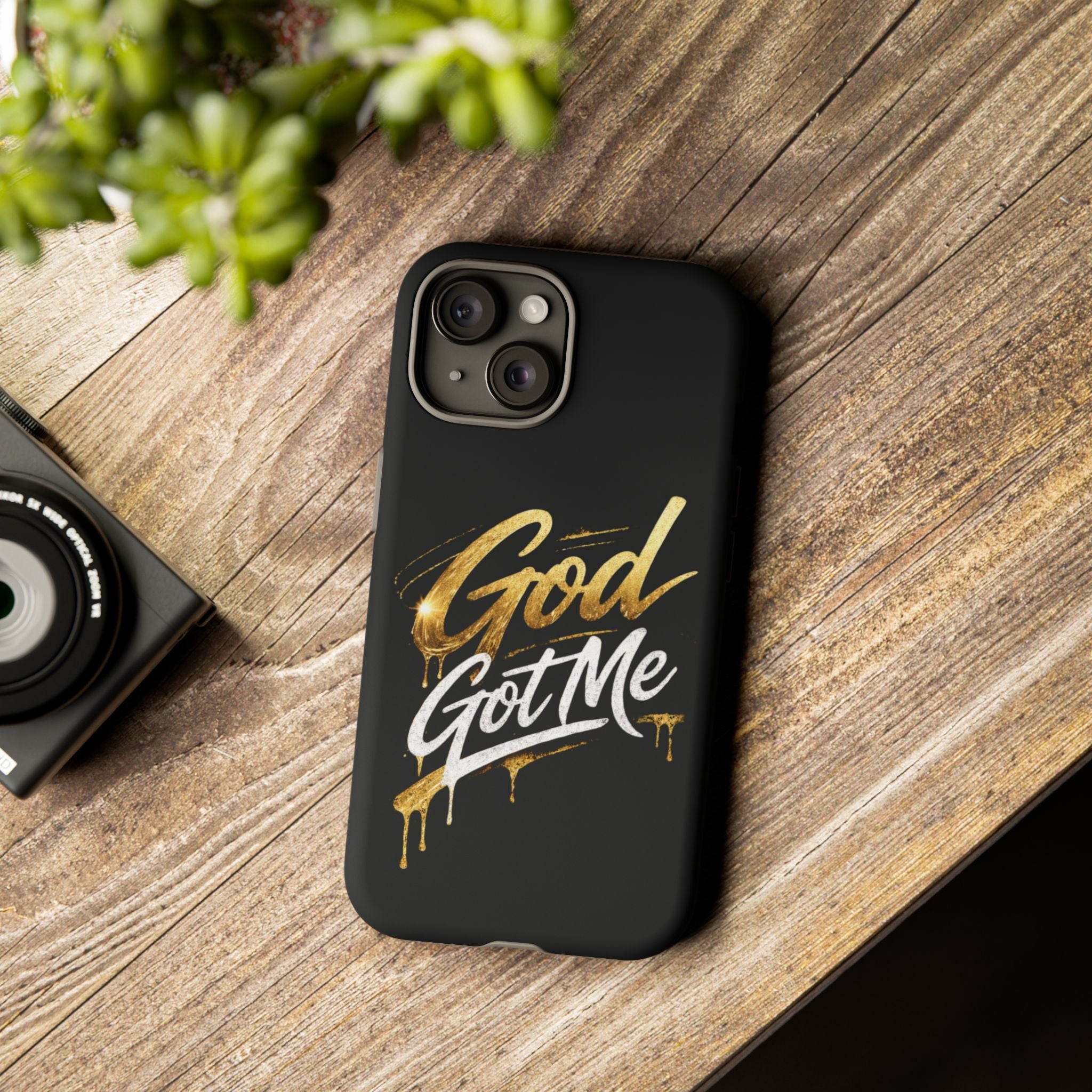 God Got Me phone case | Script gold drip typography on black