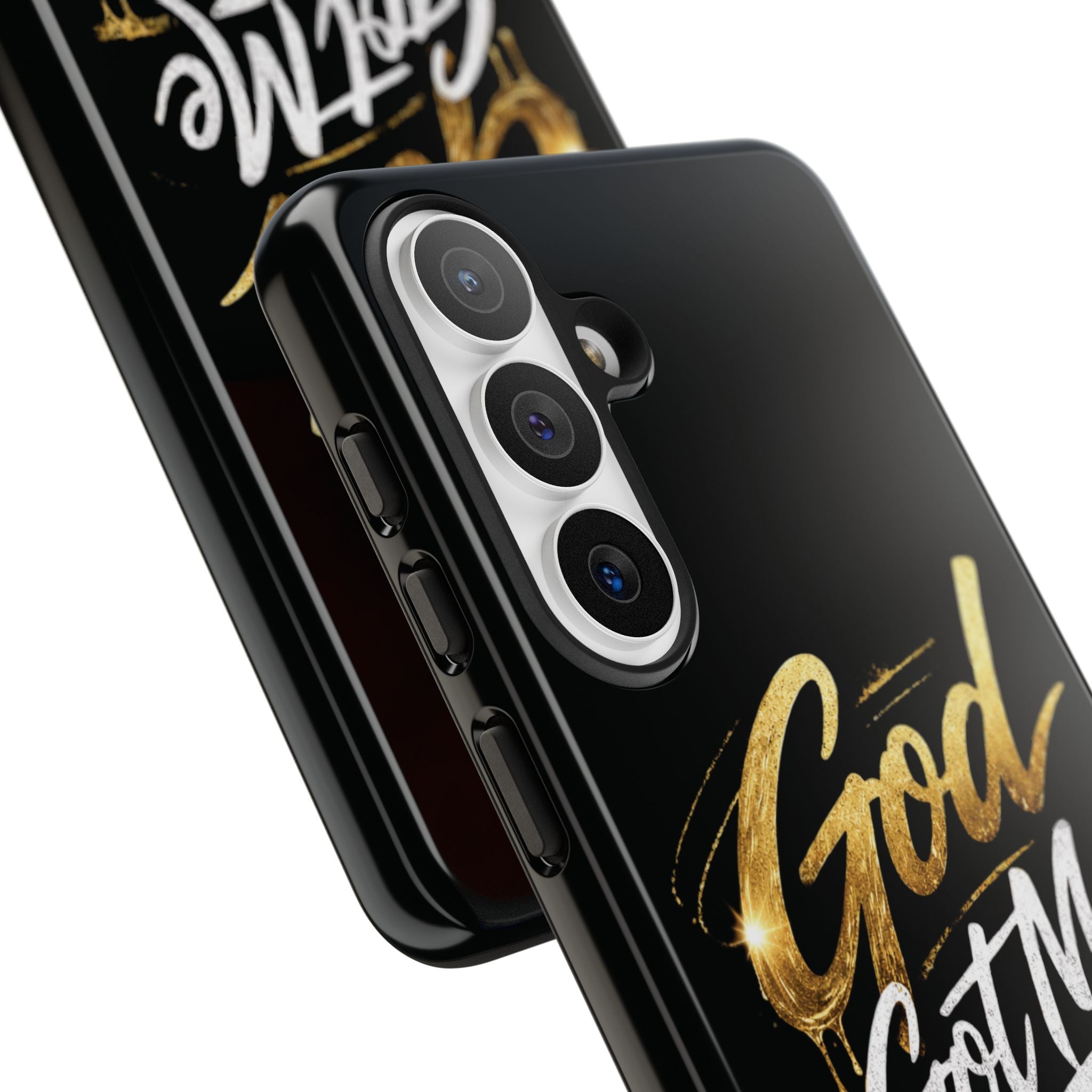 God Got Me phone case | Script gold drip typography on black