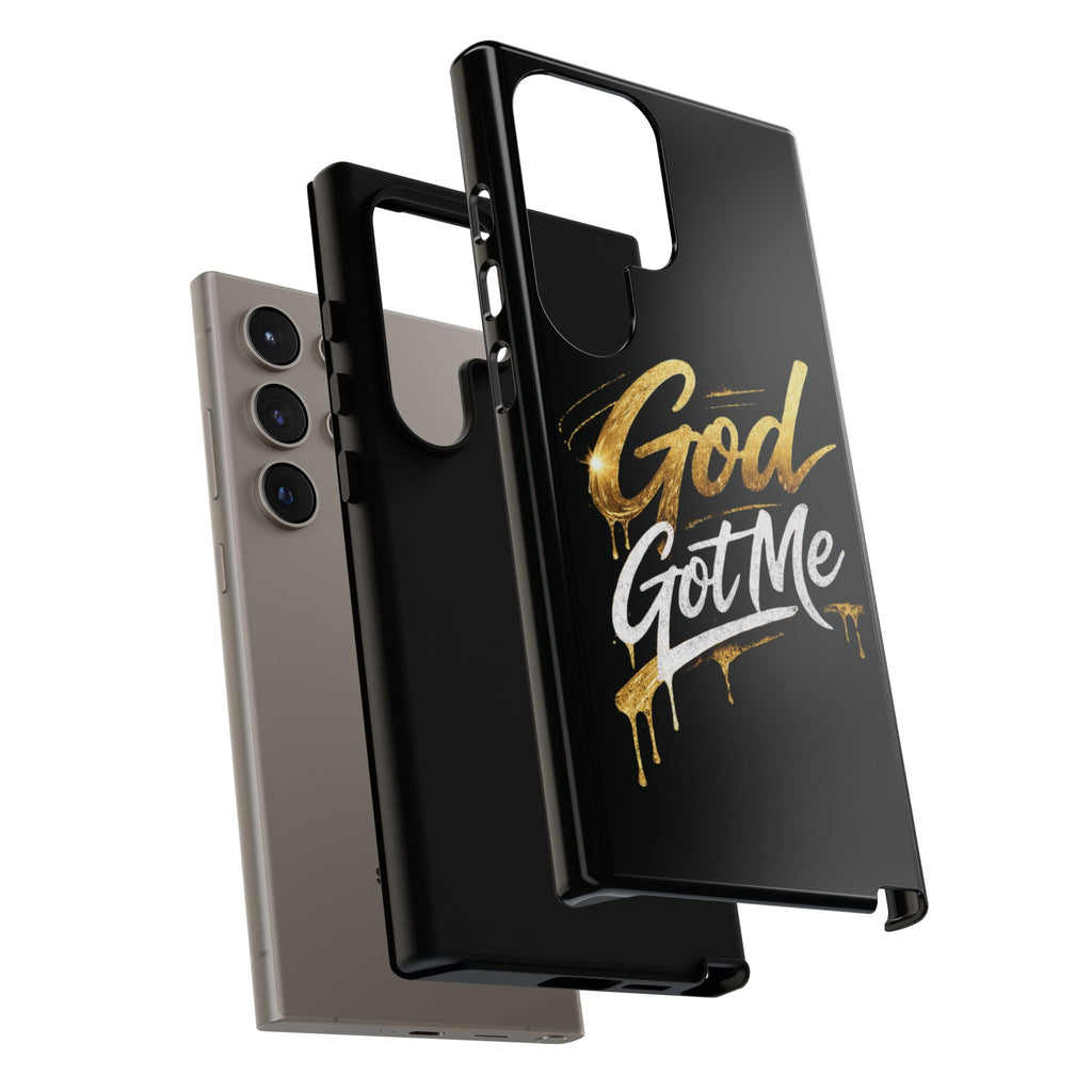 God Got Me phone case | Script gold drip typography on black