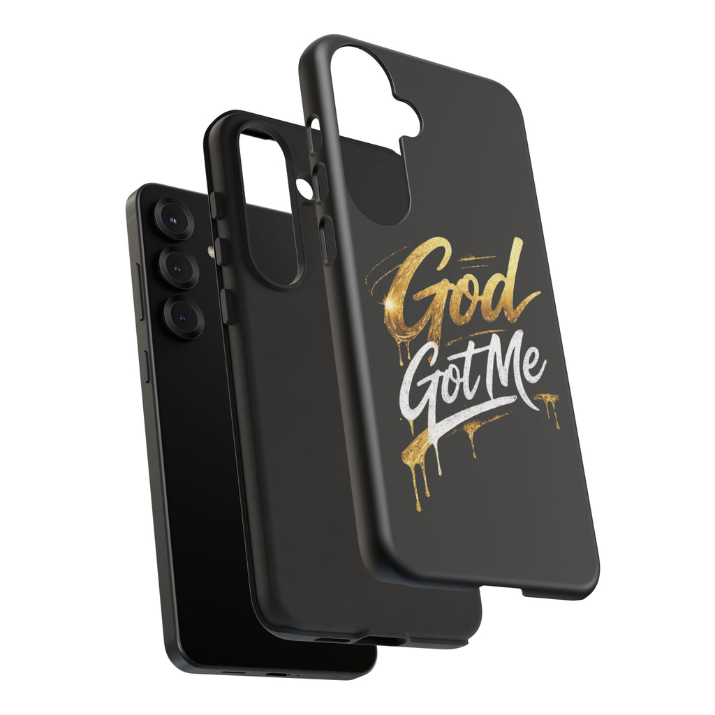 God Got Me phone case | Script gold drip typography on black