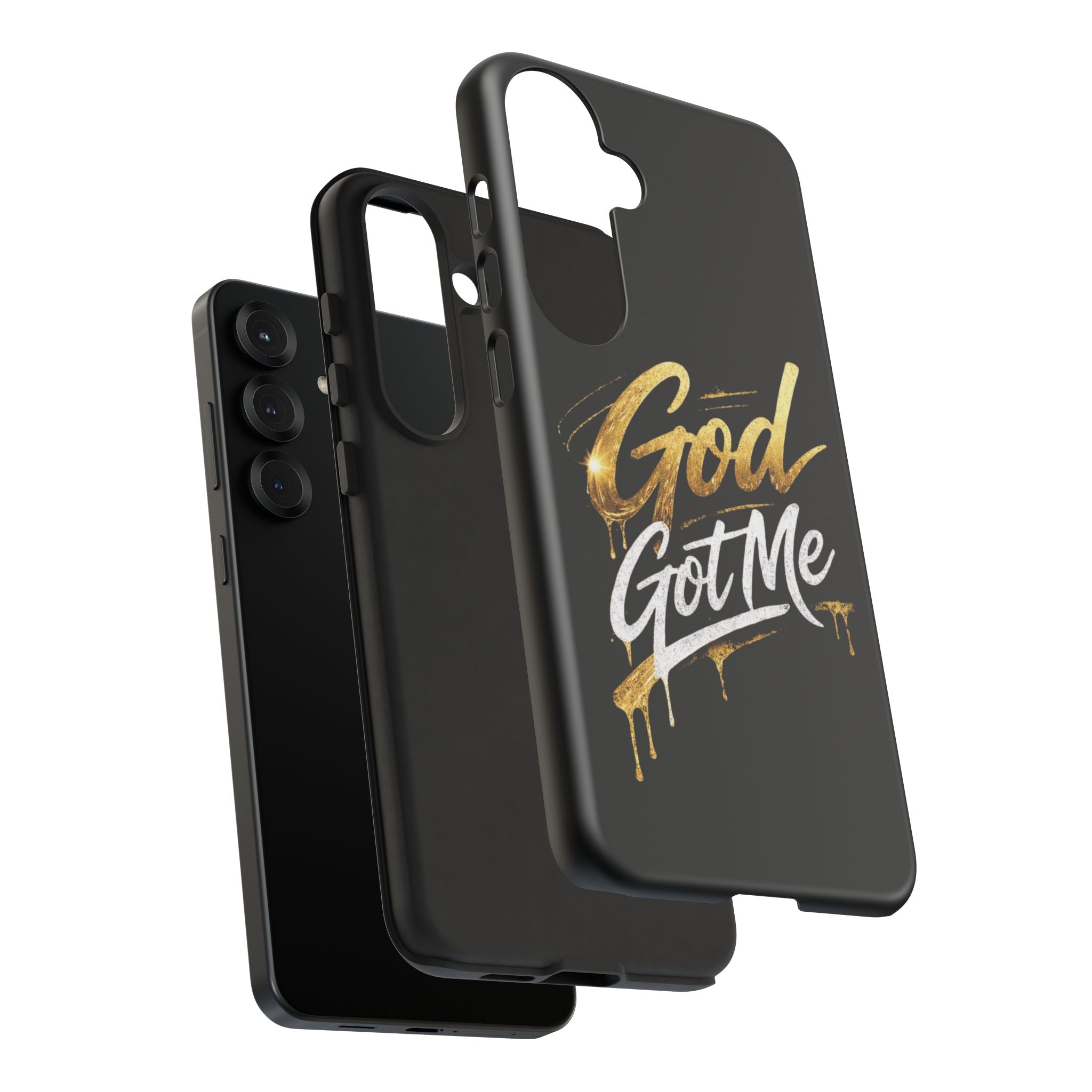 God Got Me phone case | Script gold drip typography on black