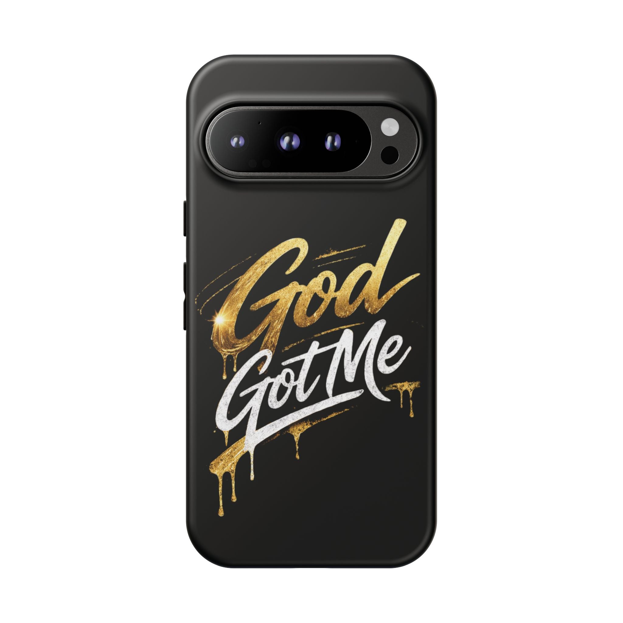 God Got Me phone case | Script gold drip typography on black
