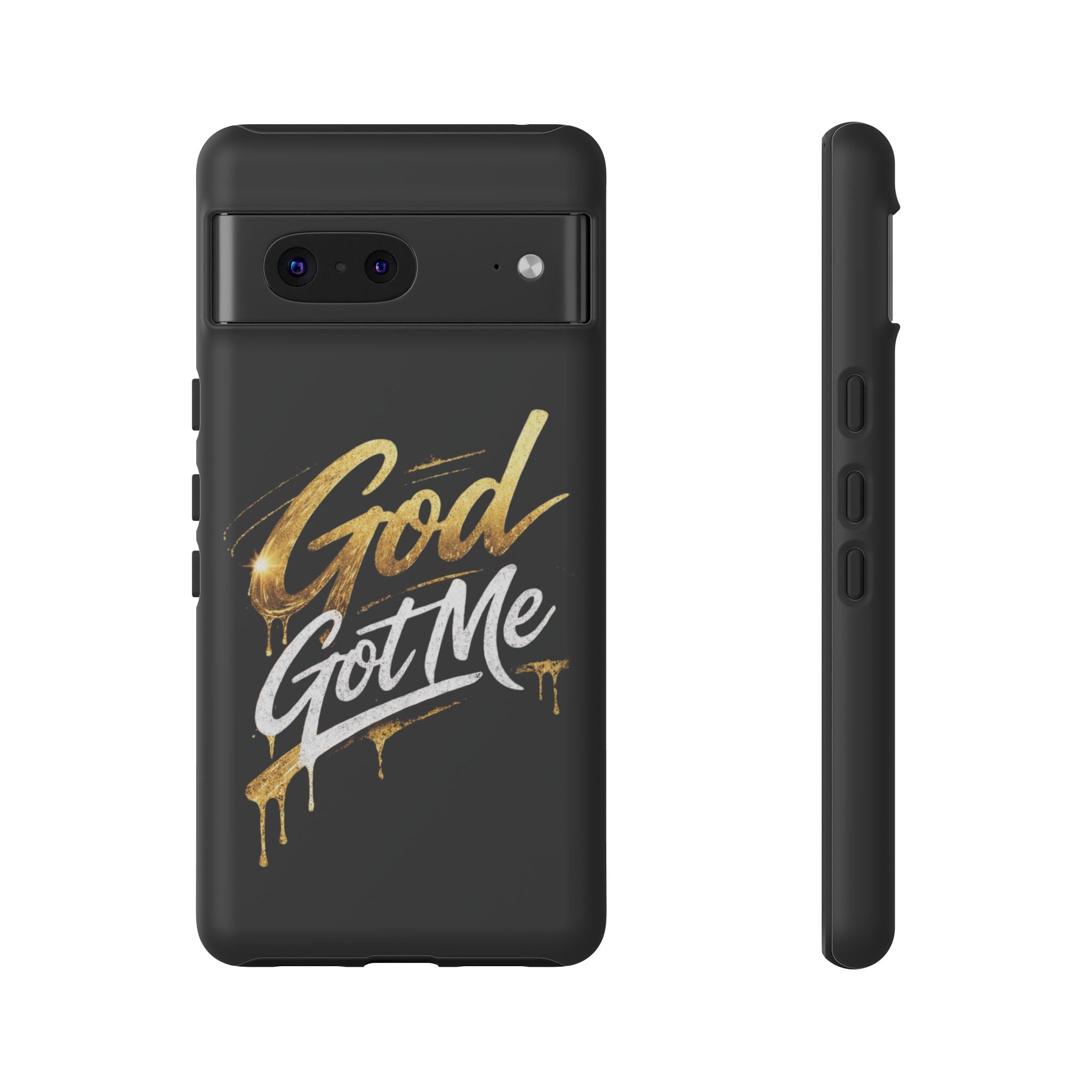 God Got Me phone case | Script gold drip typography on black
