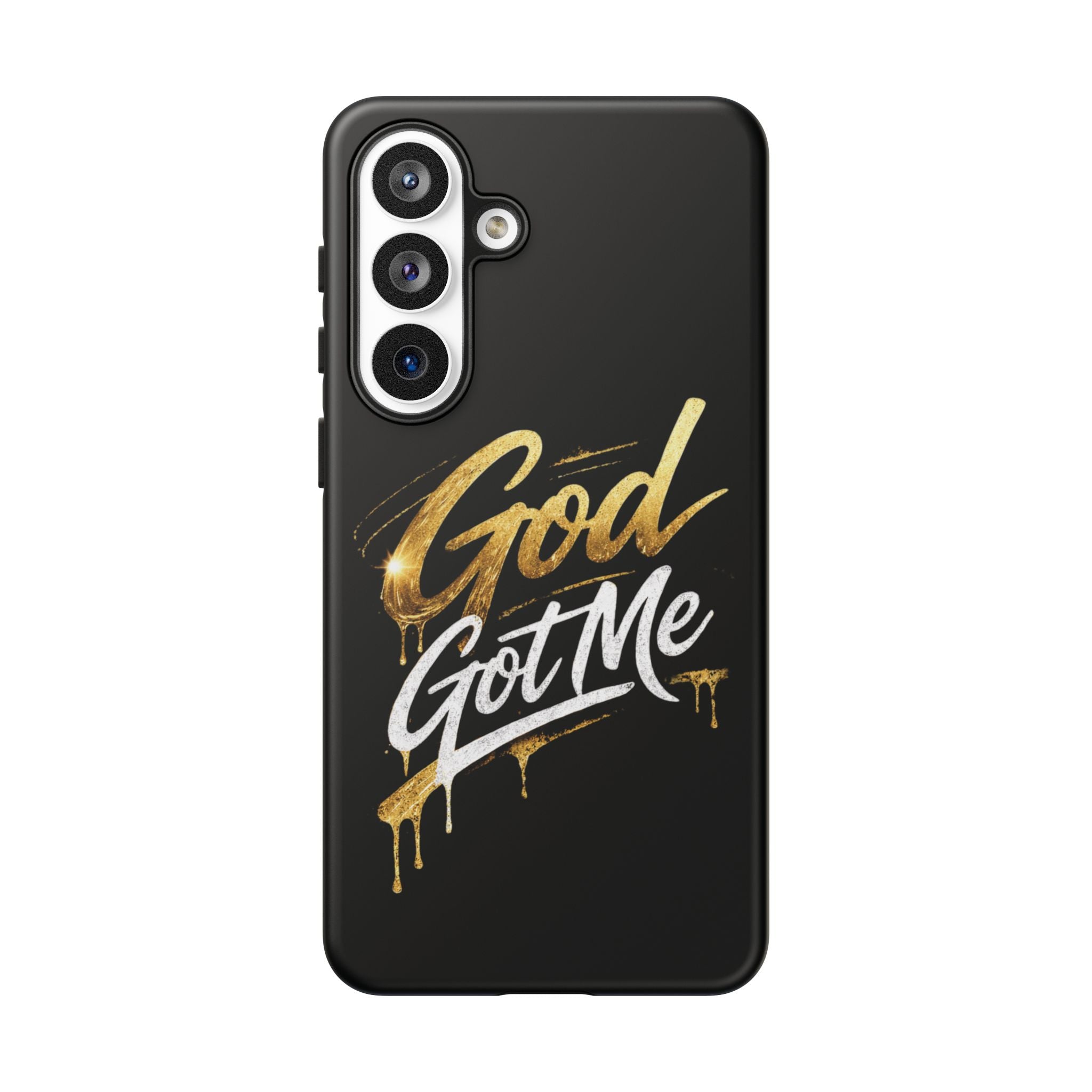 God Got Me phone case | Script gold drip typography on black