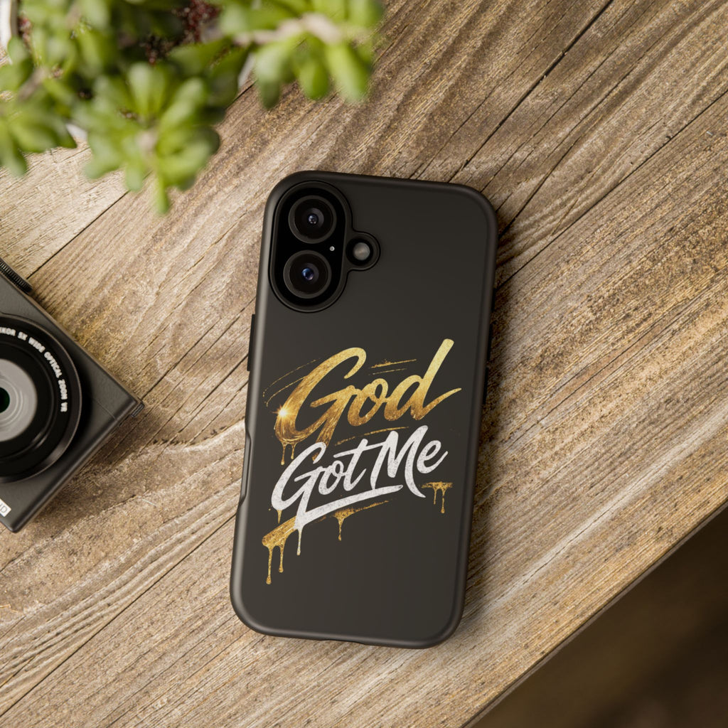 God Got Me phone case | Script gold drip typography on black