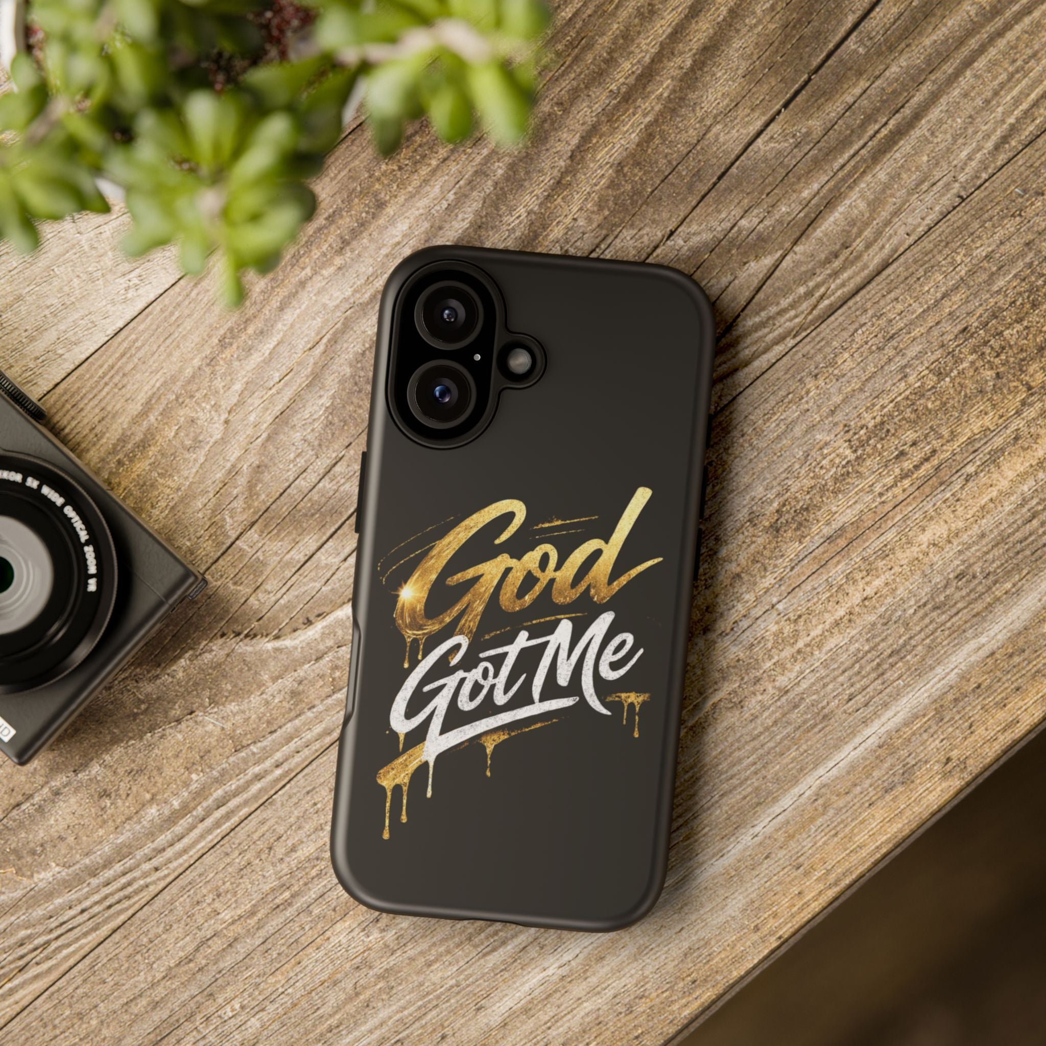 God Got Me phone case | Script gold drip typography on black