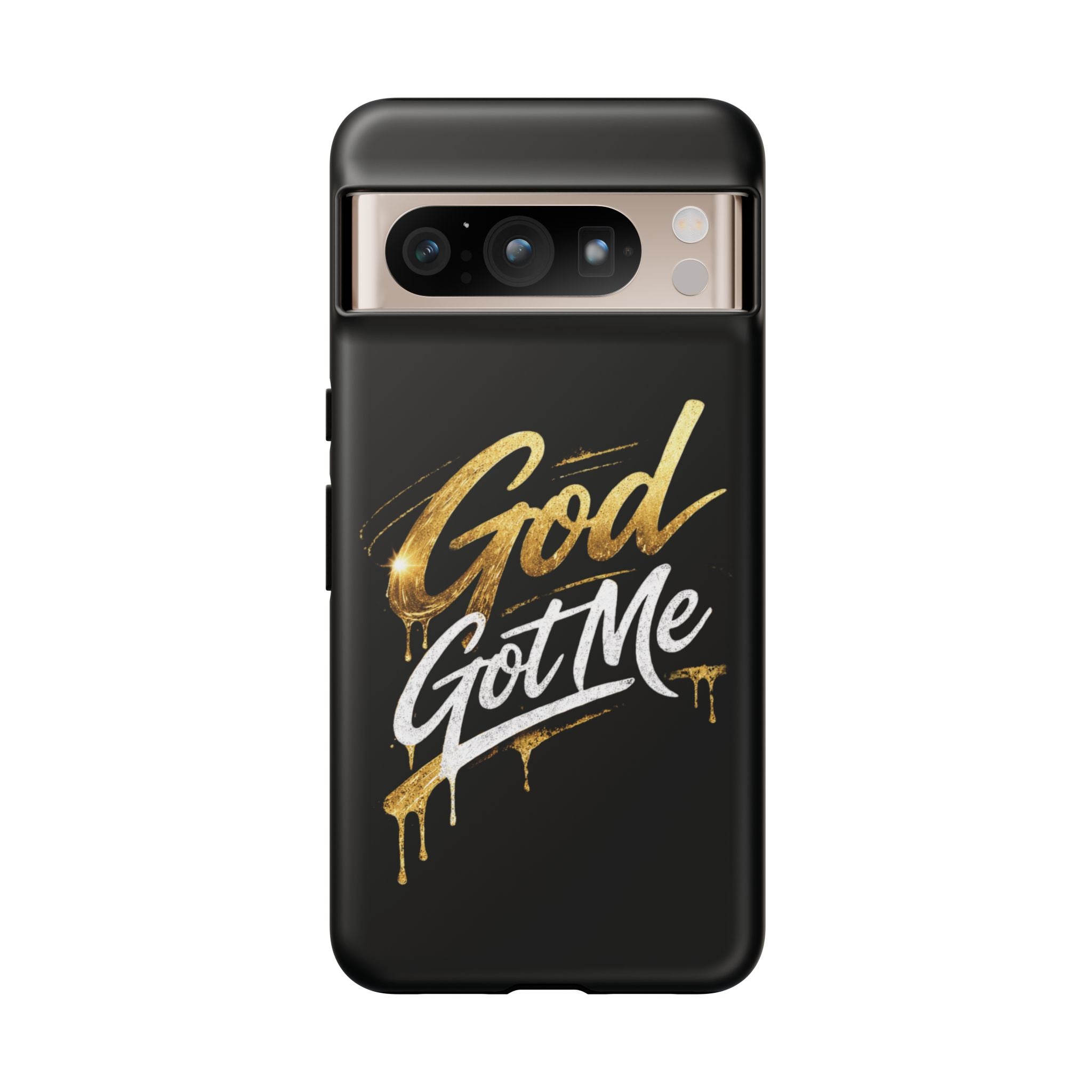 God Got Me phone case | Script gold drip typography on black
