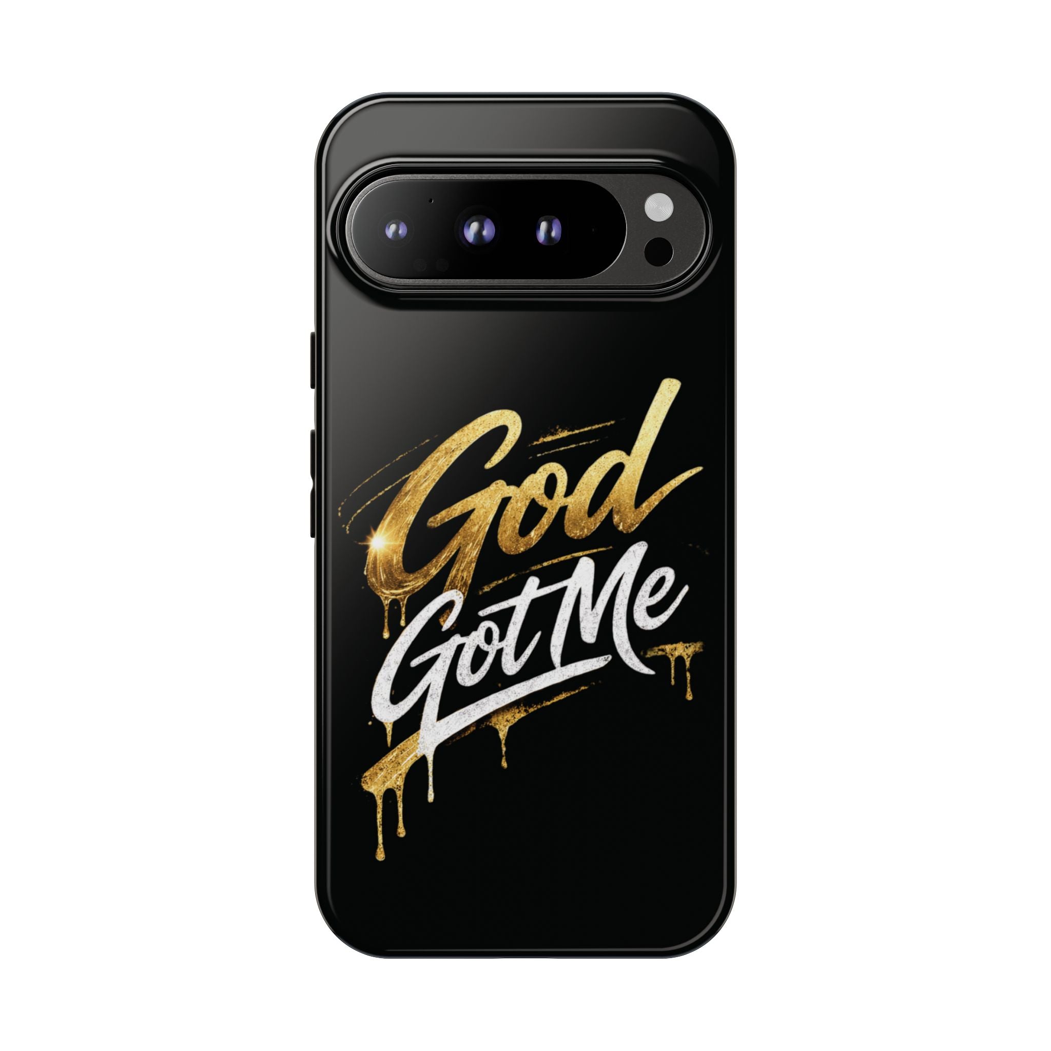 God Got Me phone case | Script gold drip typography on black