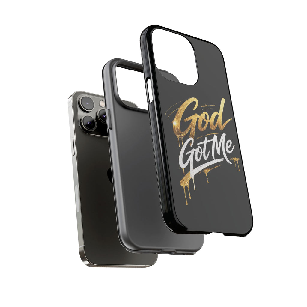 God Got Me phone case | Script gold drip typography on black
