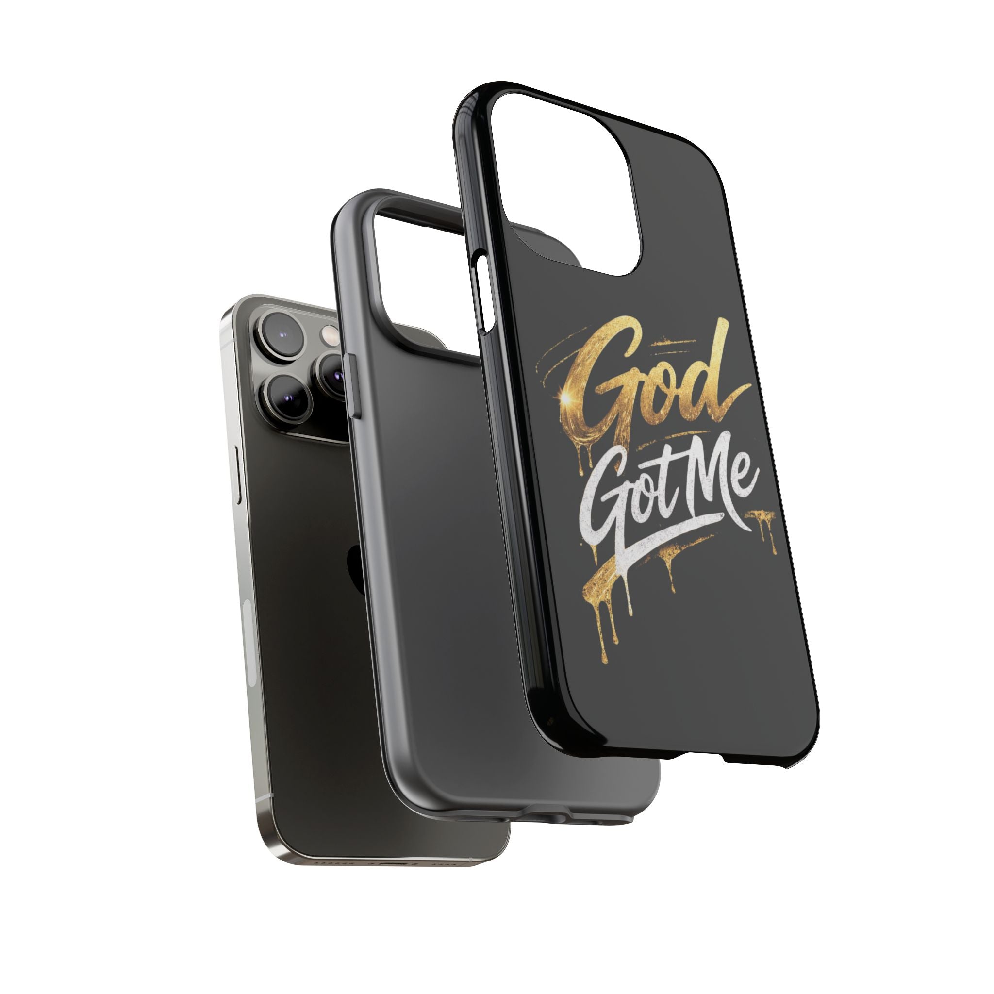 God Got Me phone case | Script gold drip typography on black