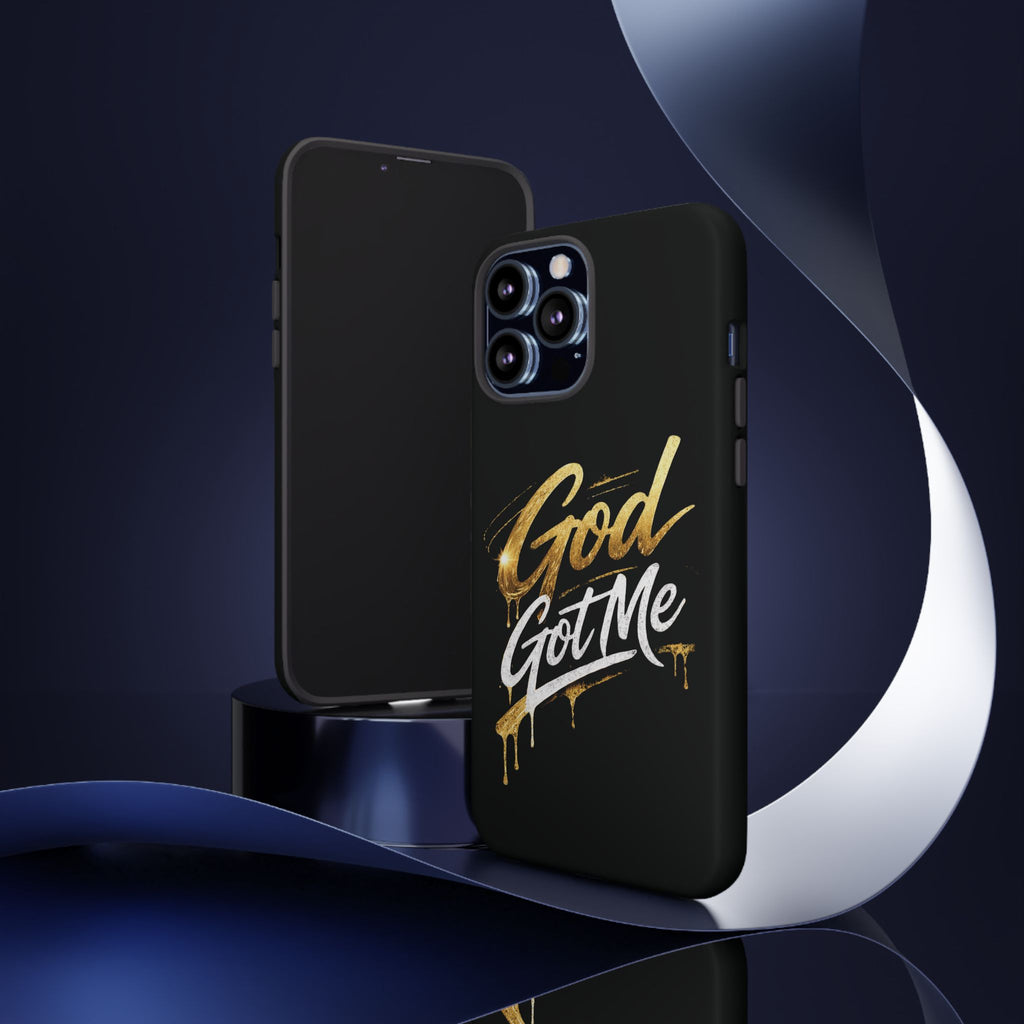 God Got Me phone case | Script gold drip typography on black