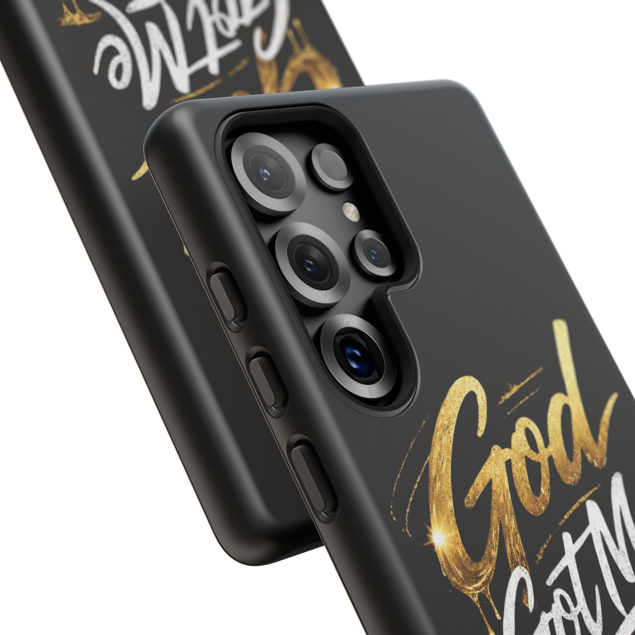 God Got Me phone case | Script gold drip typography on black