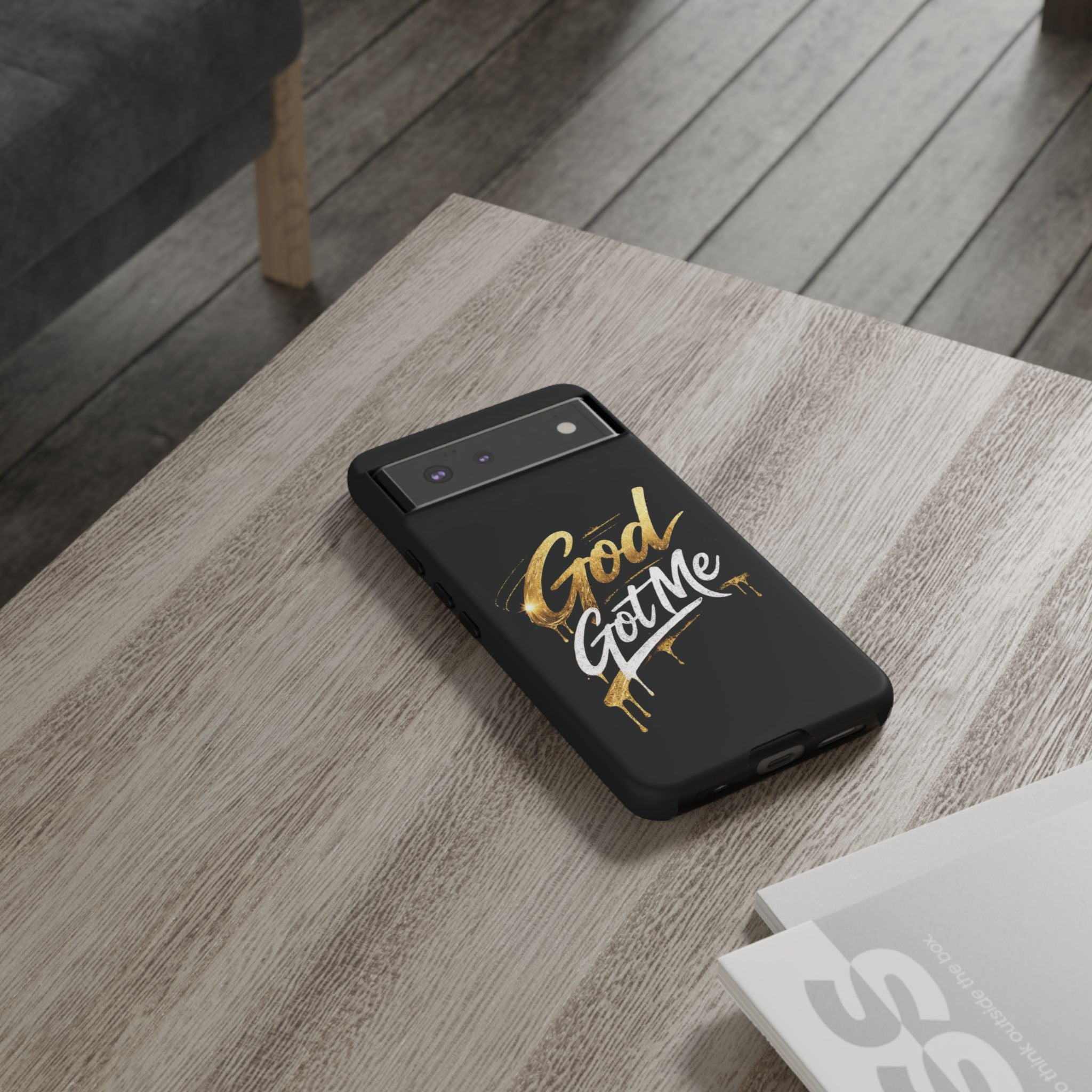 God Got Me phone case | Script gold drip typography on black
