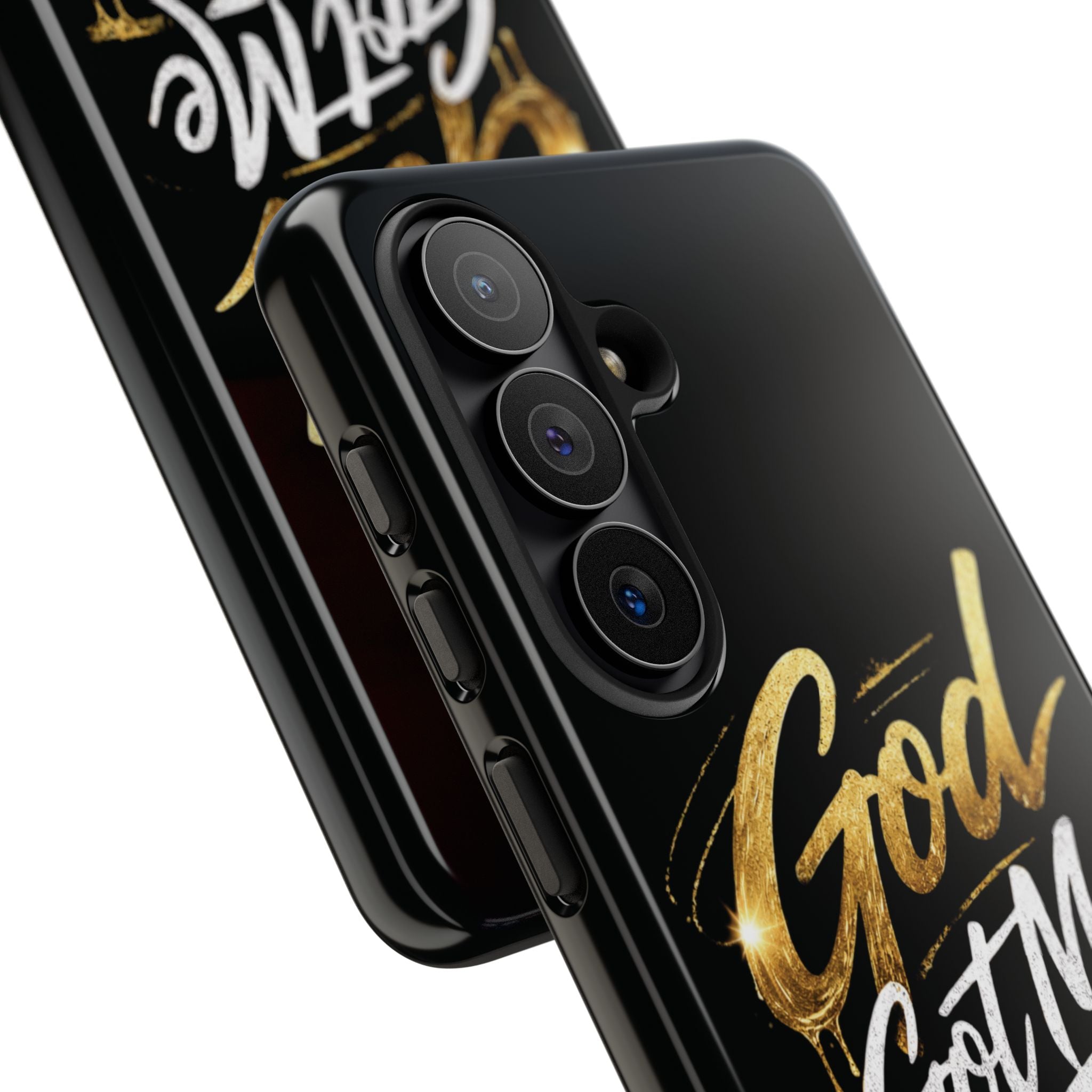 God Got Me phone case | Script gold drip typography on black