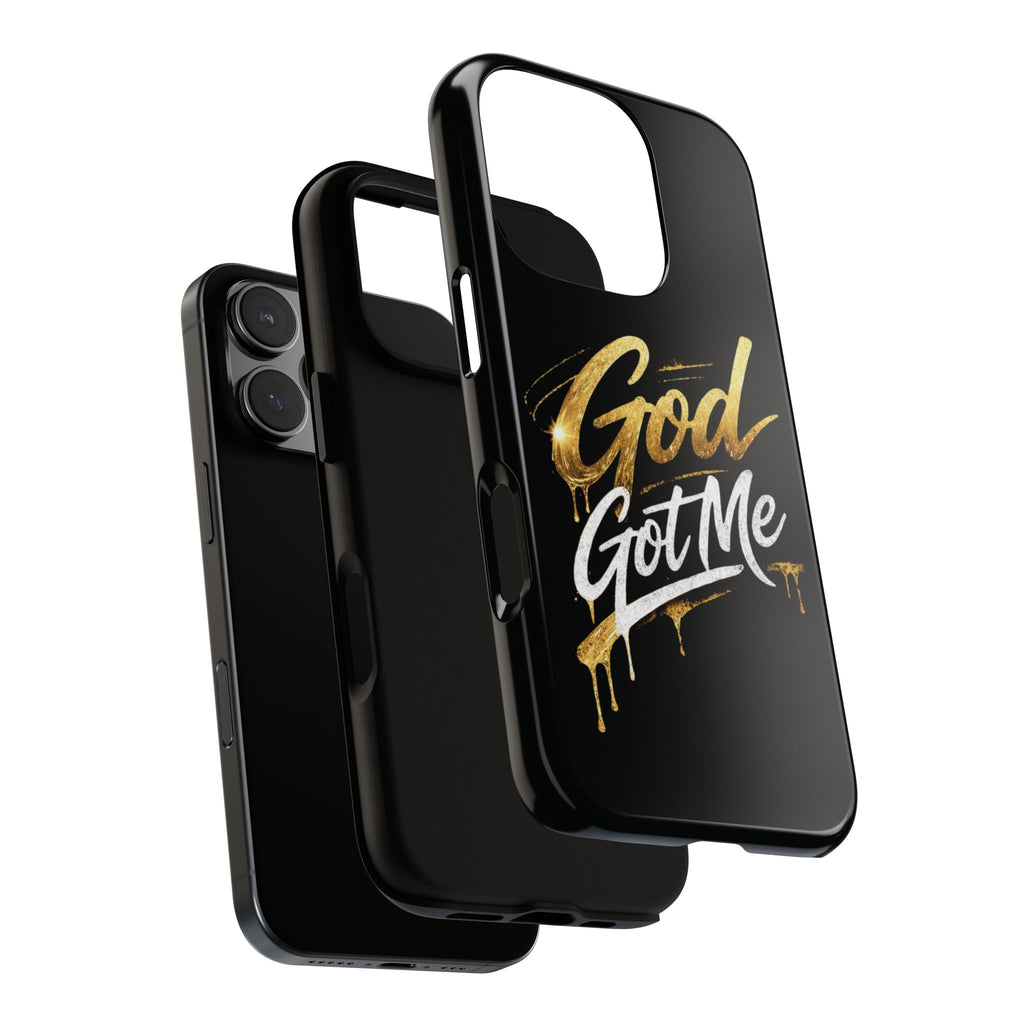 God Got Me phone case | Script gold drip typography on black