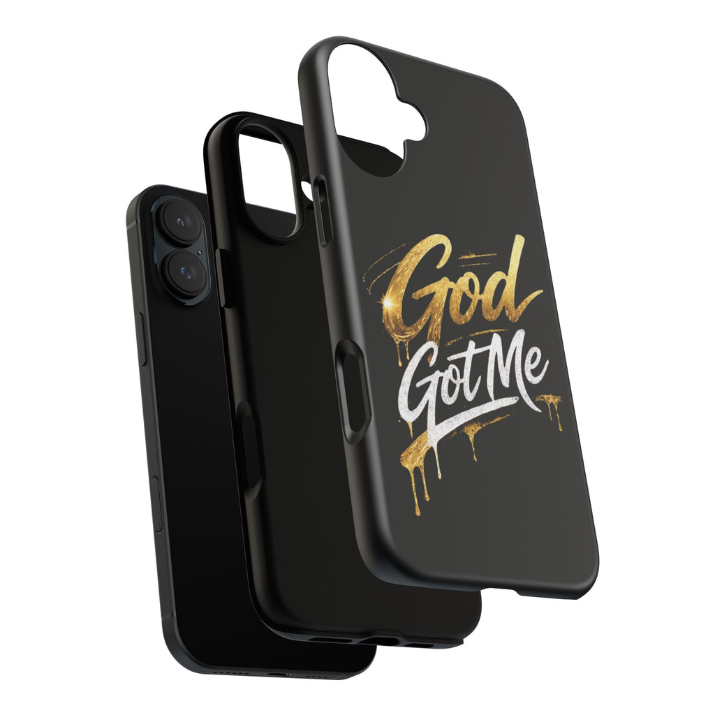 God Got Me phone case | Script gold drip typography on black