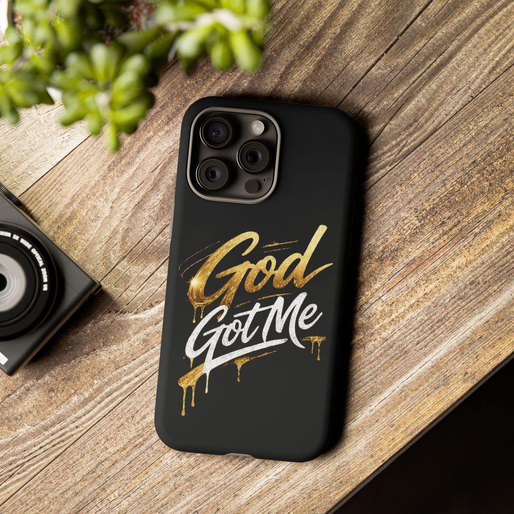 God Got Me phone case | Script gold drip typography on black