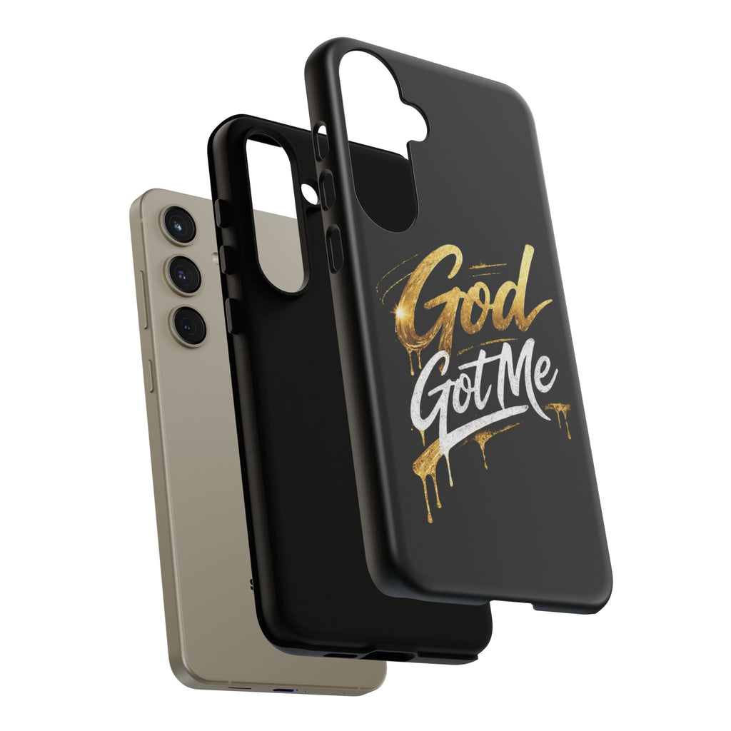 God Got Me phone case | Script gold drip typography on black