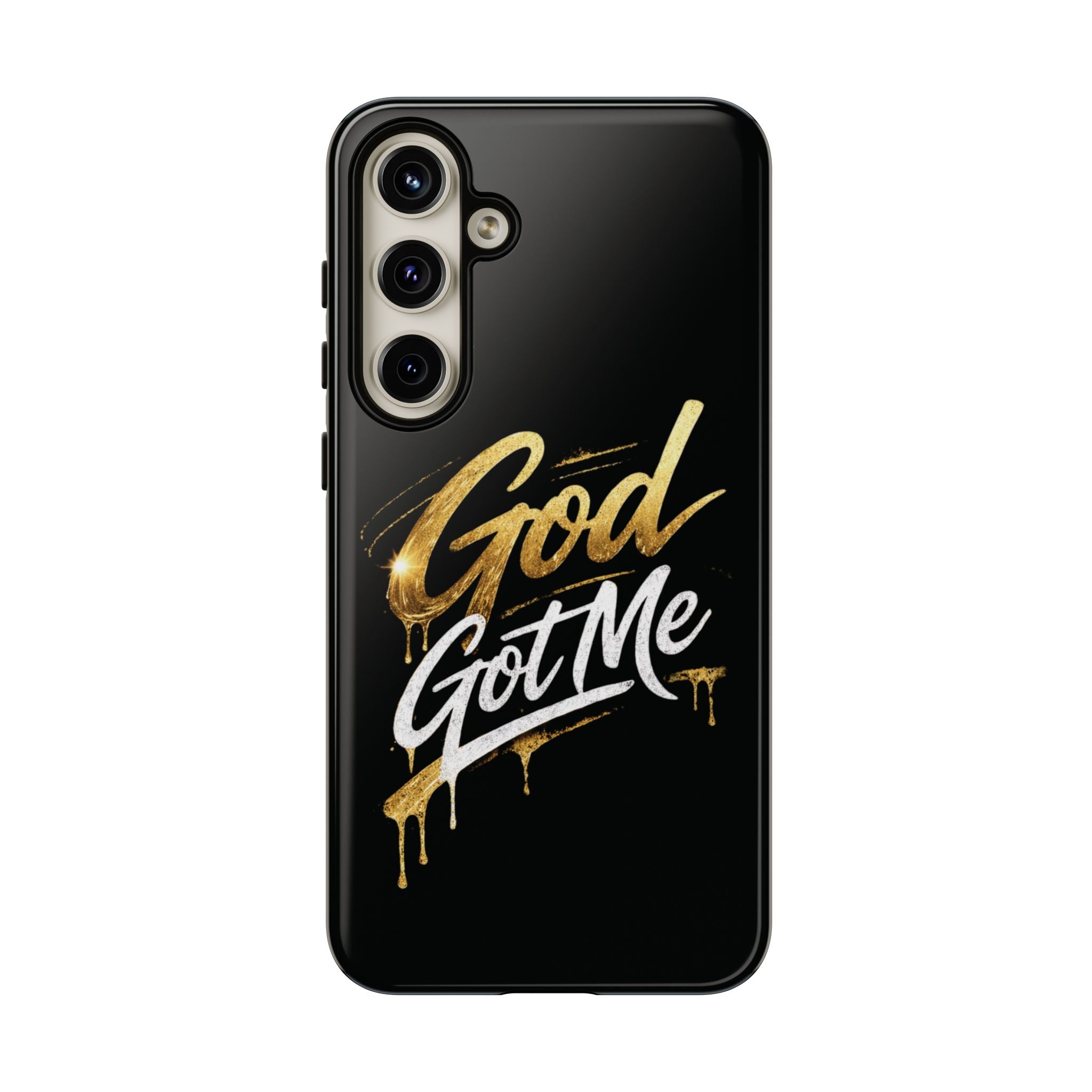God Got Me phone case | Script gold drip typography on black