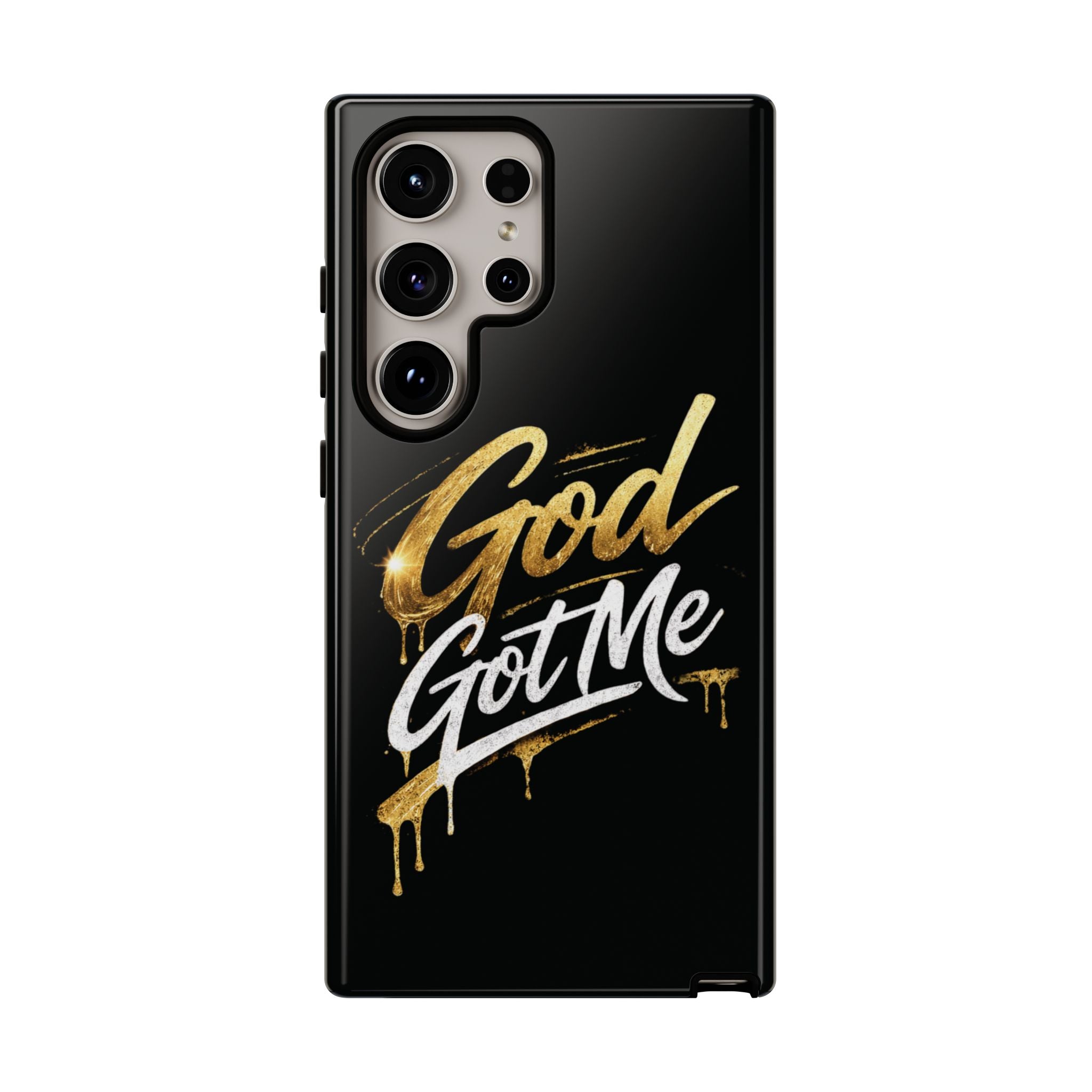 God Got Me phone case | Script gold drip typography on black