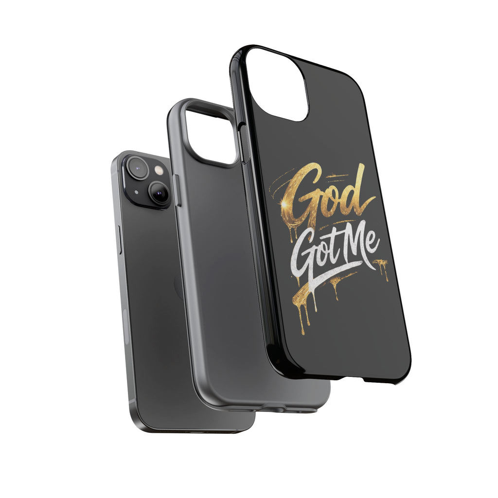 God Got Me phone case | Script gold drip typography on black