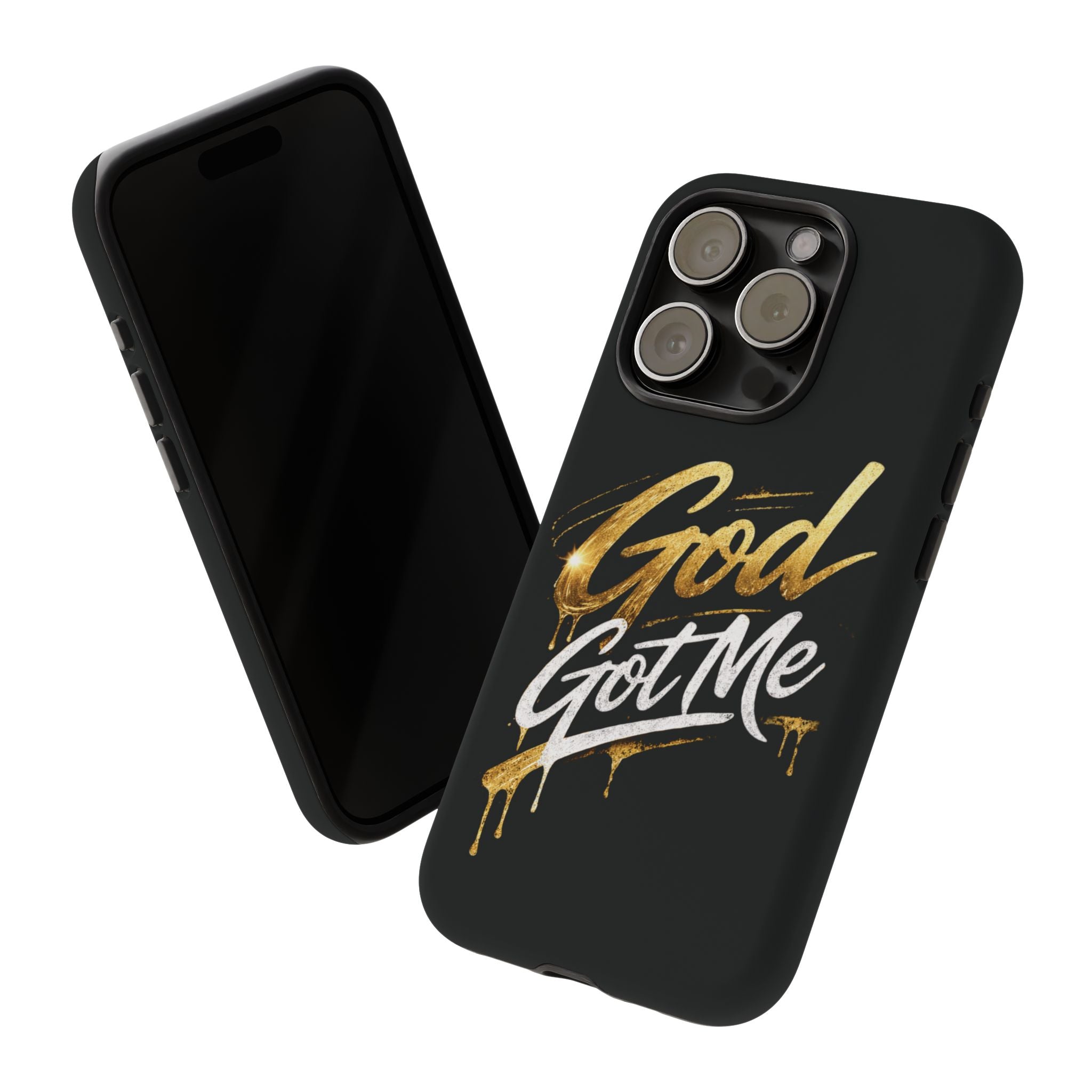 God Got Me phone case | Script gold drip typography on black