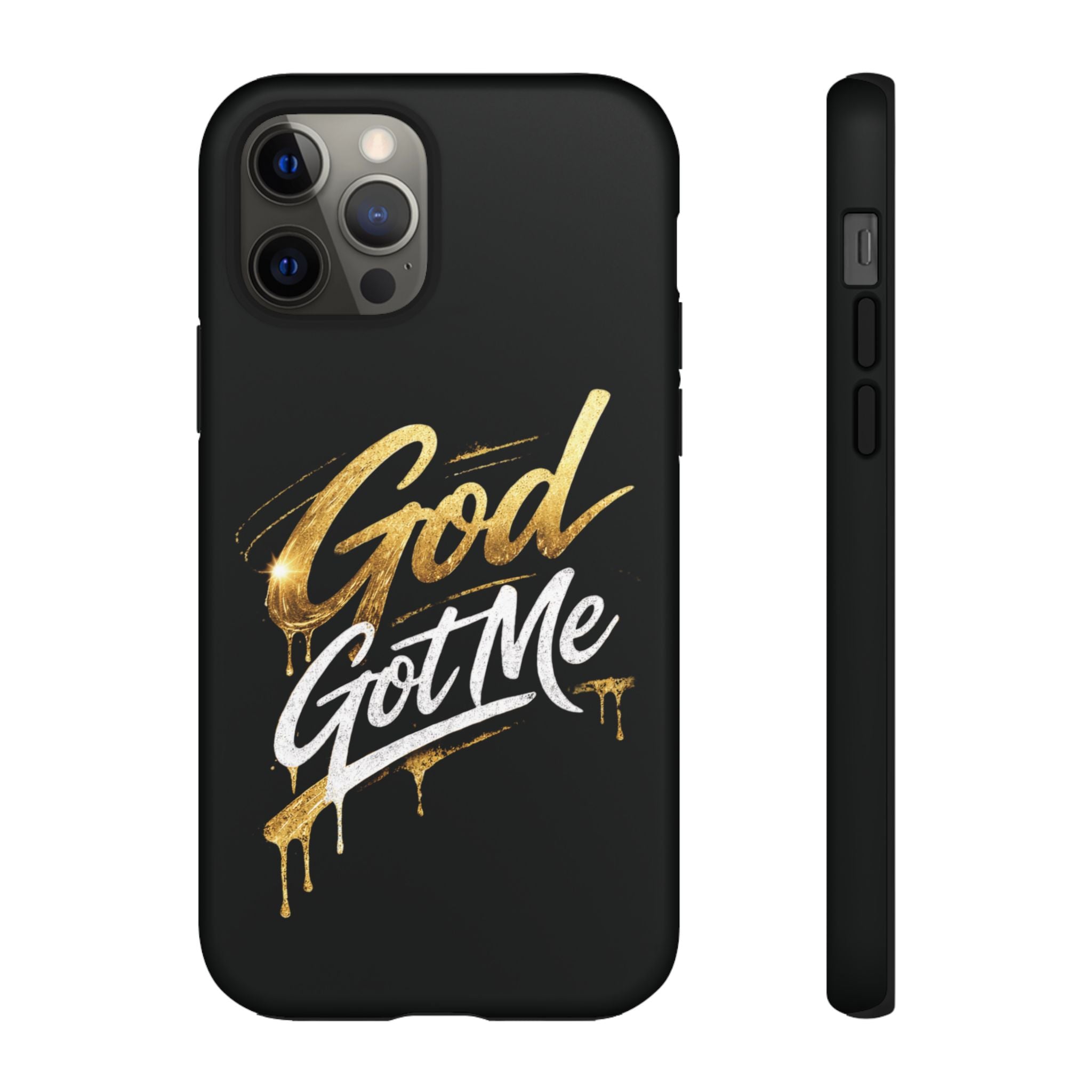 God Got Me phone case | Script gold drip typography on black