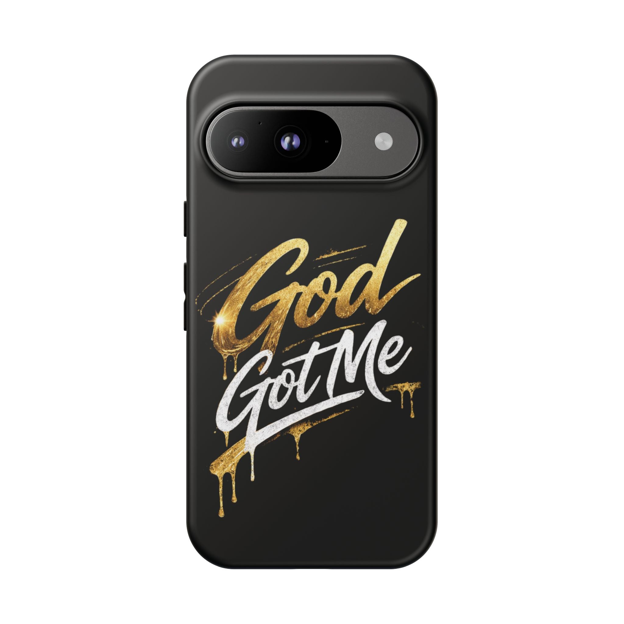 God Got Me phone case | Script gold drip typography on black