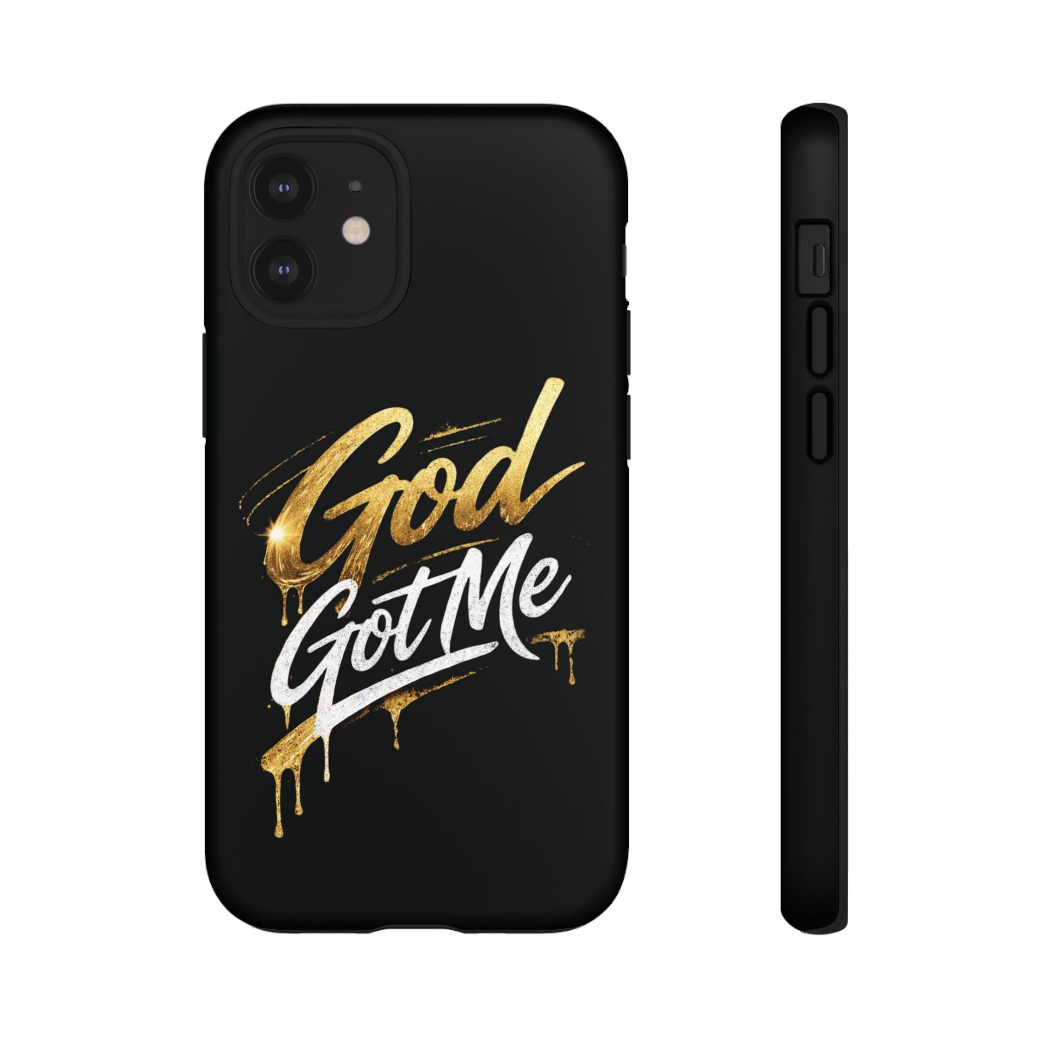 God Got Me phone case | Script gold drip typography on black