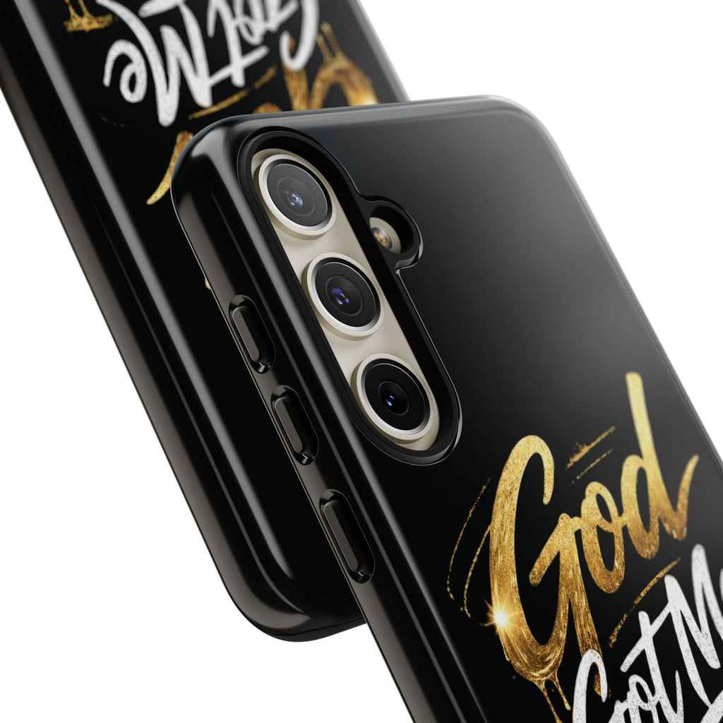 God Got Me phone case | Script gold drip typography on black