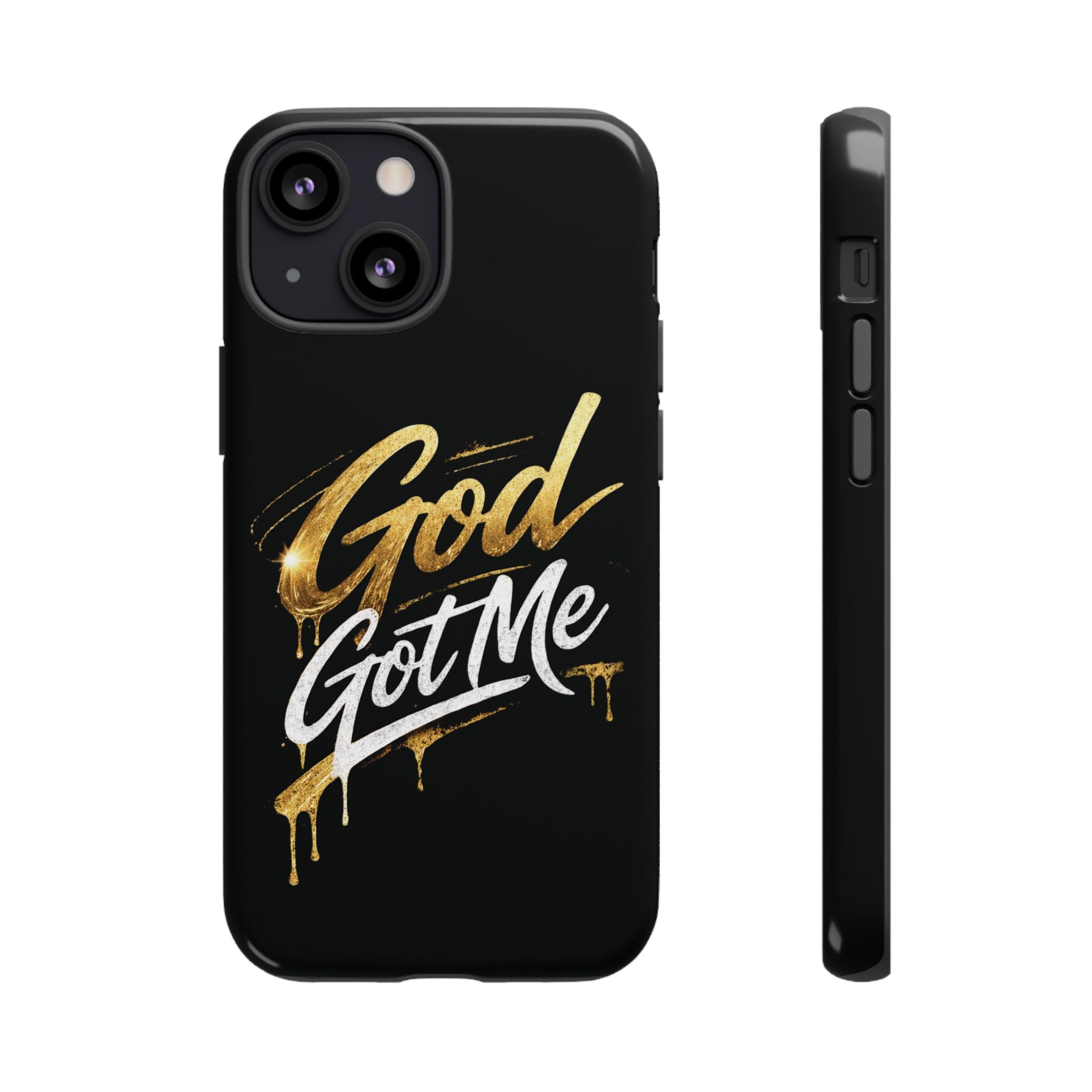 God Got Me phone case | Script gold drip typography on black