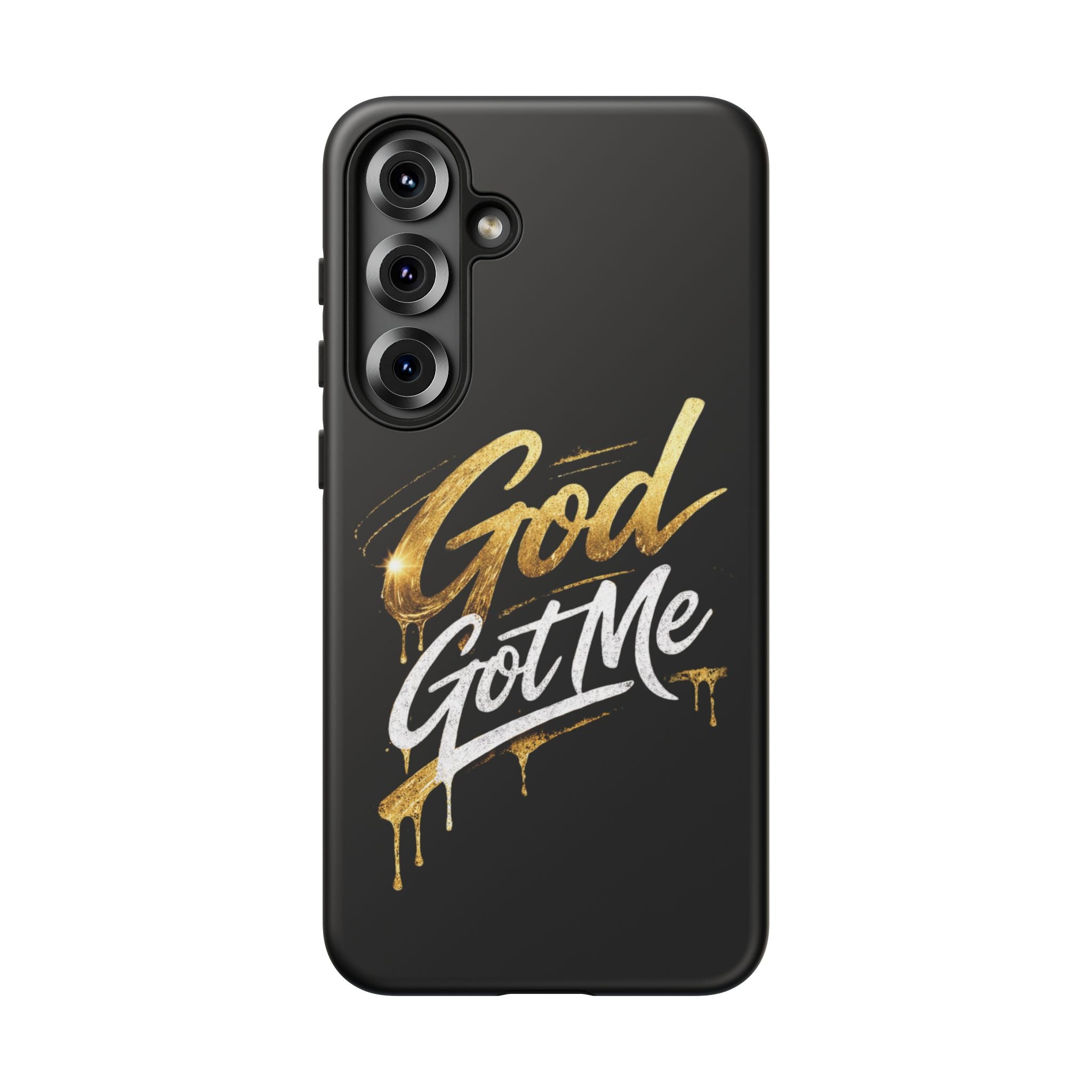 God Got Me phone case | Script gold drip typography on black