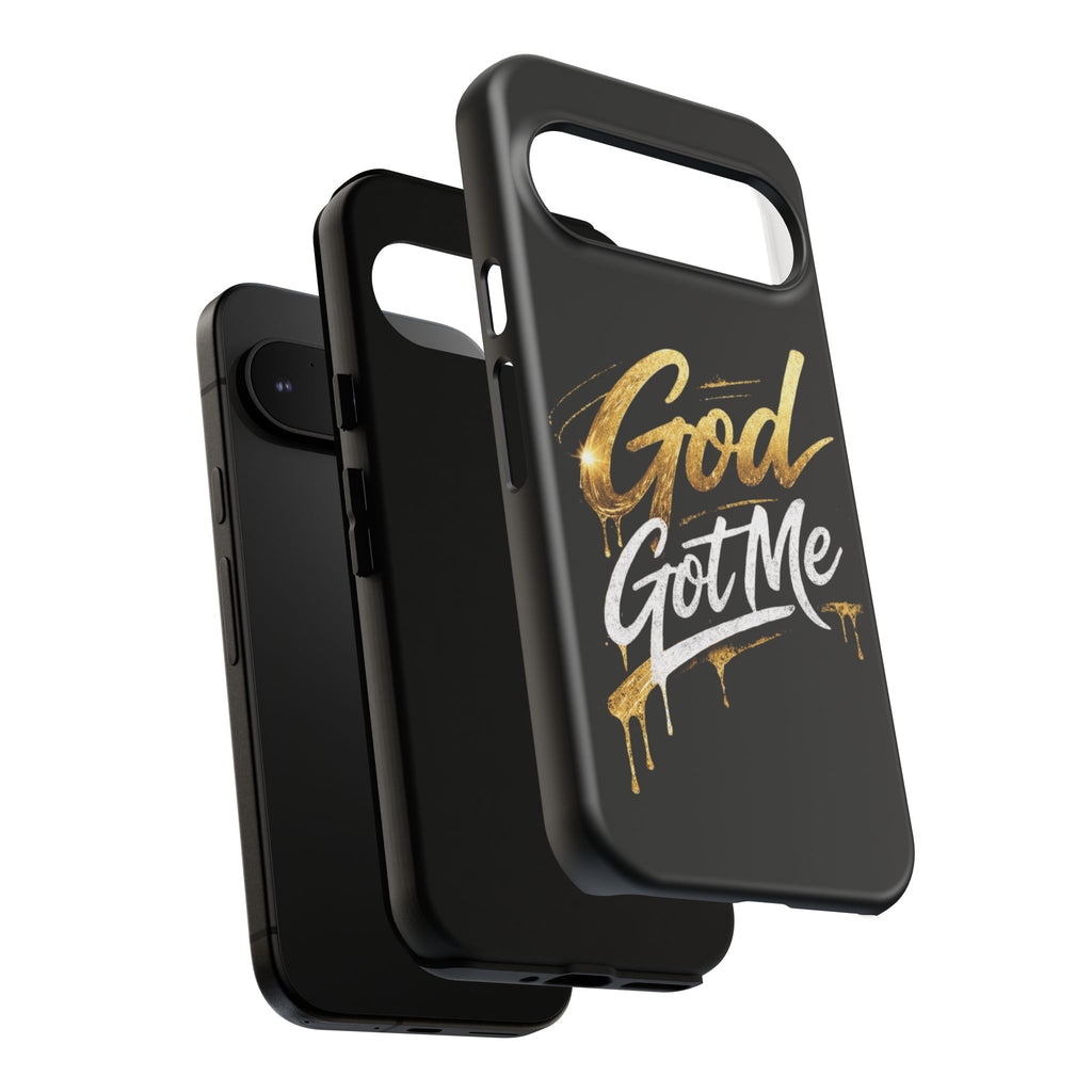 God Got Me phone case | Script gold drip typography on black