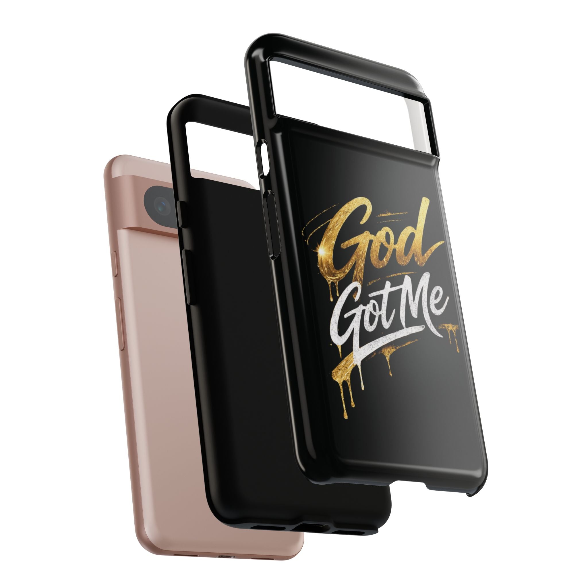 God Got Me phone case | Script gold drip typography on black