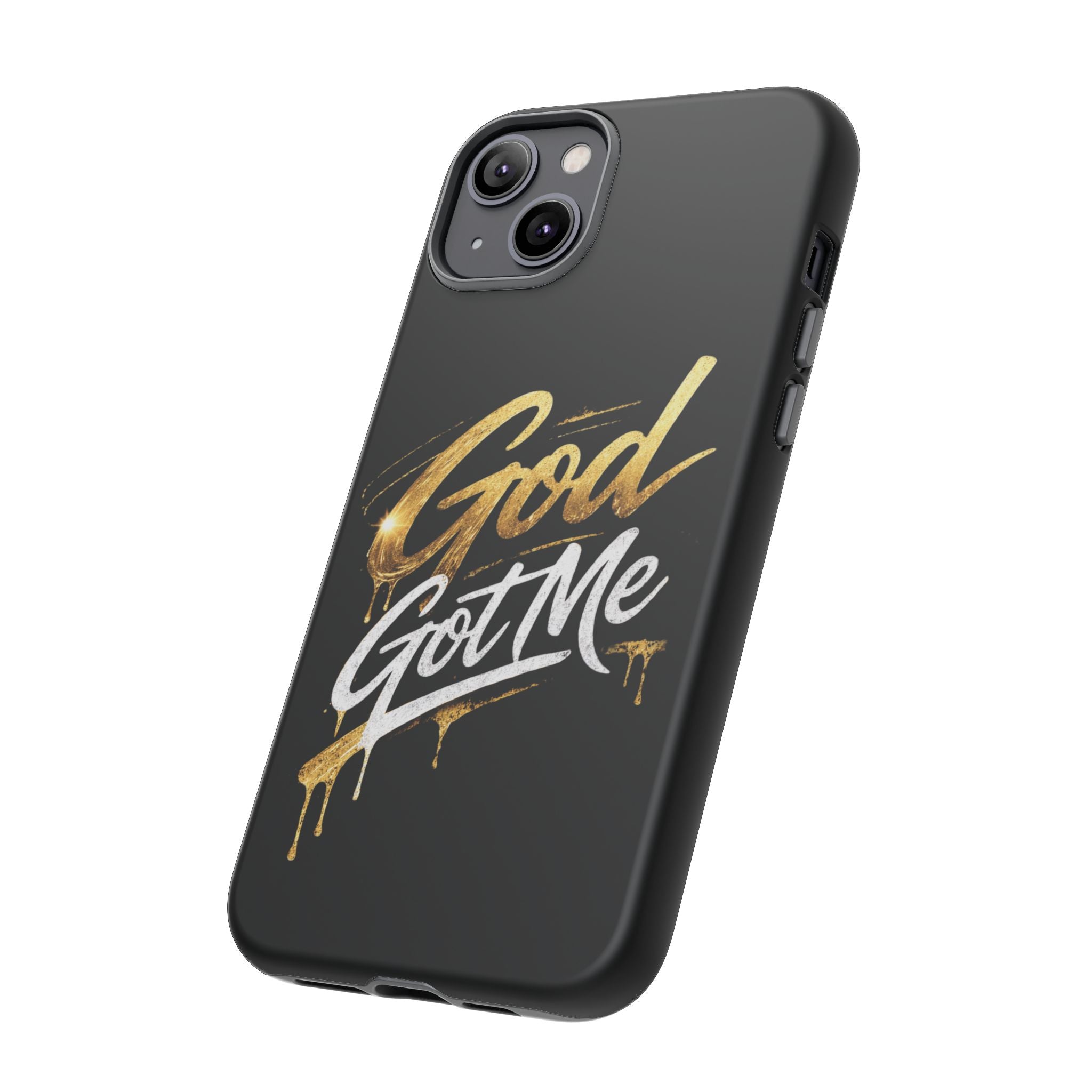 God Got Me phone case | Script gold drip typography on black